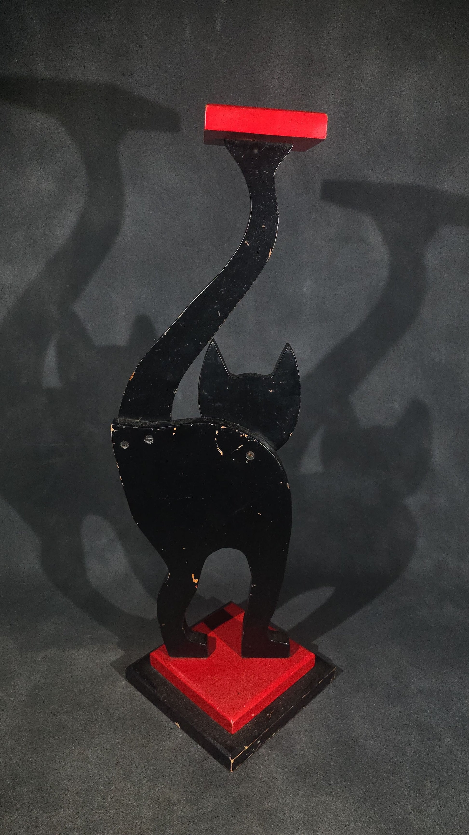 Vintage Hand-Painted Wooden Folk Art Black Cat Smoking Stand with Arched Back and Raised Tail, Red and Black Stepped Base
