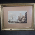 Lot 023 - Antique Watercolor Painting on Paper, Coastal Scene with Rocky Cliffs, Tower Ruin, and Sailing Vessels, in Gilt Wood Frame, 14" W x 11" H