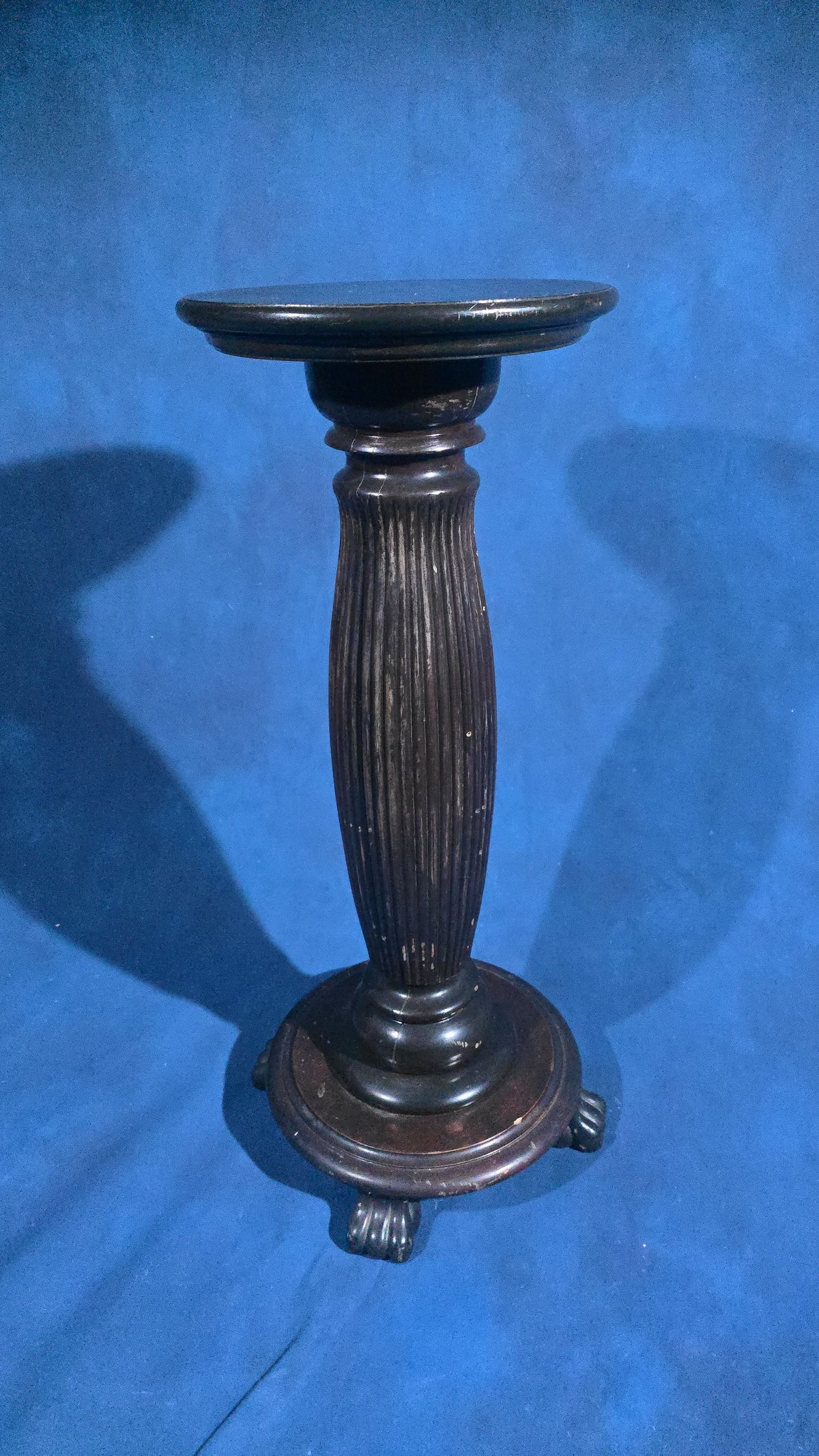 Antique Ebonized Pedestal with Fluted Column and Paw Feet