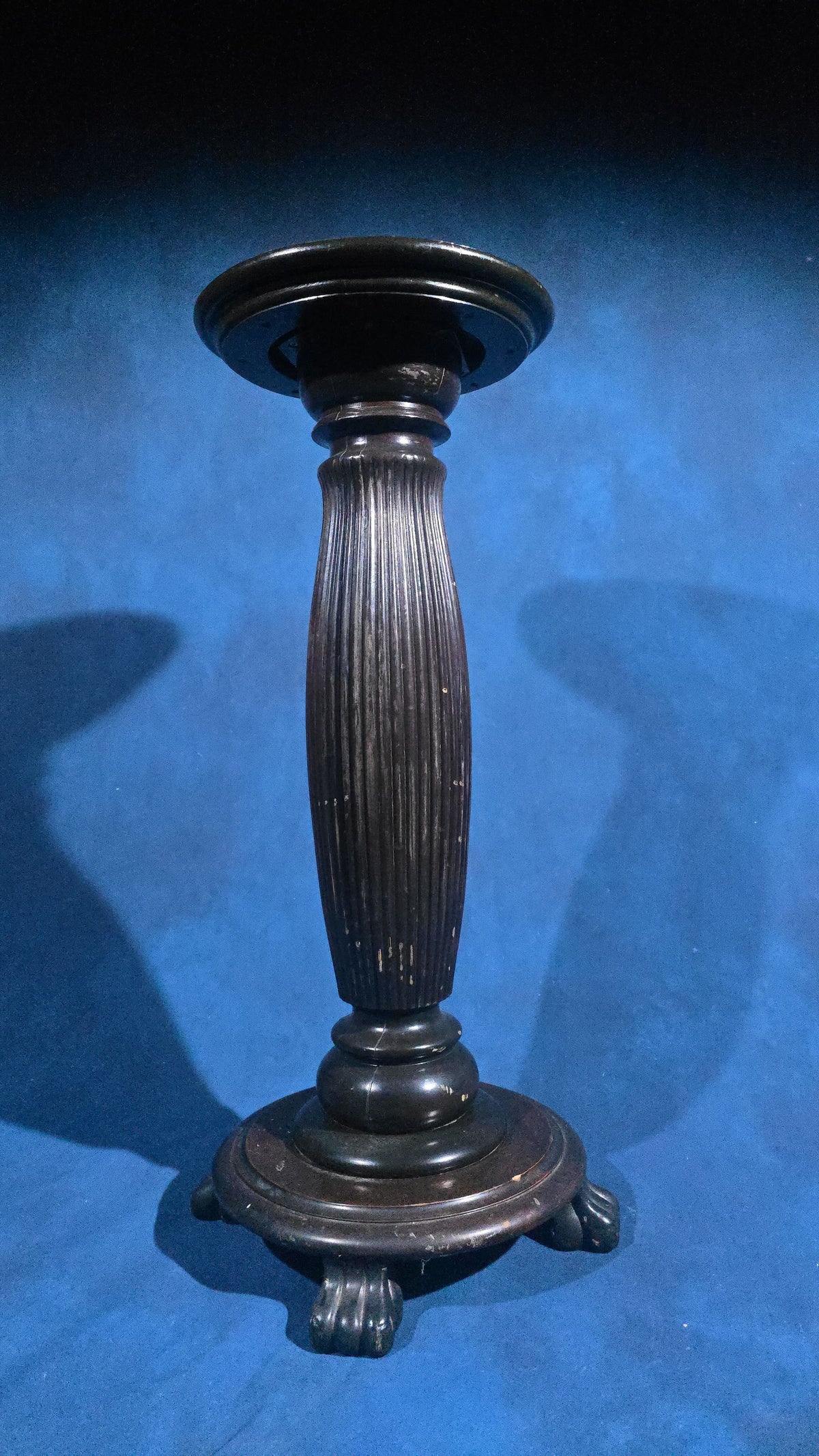 Antique Ebonized Pedestal with Fluted Column and Paw Feet