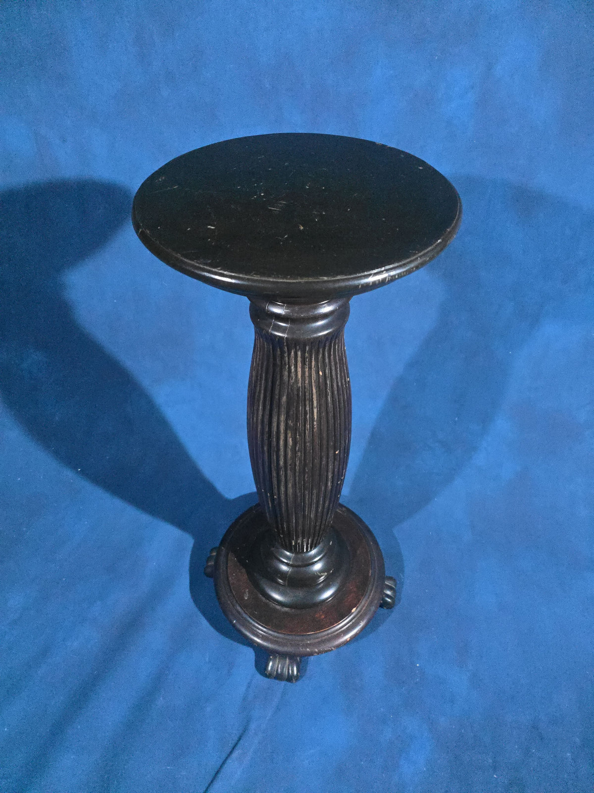 Antique Ebonized Pedestal with Fluted Column and Paw Feet
