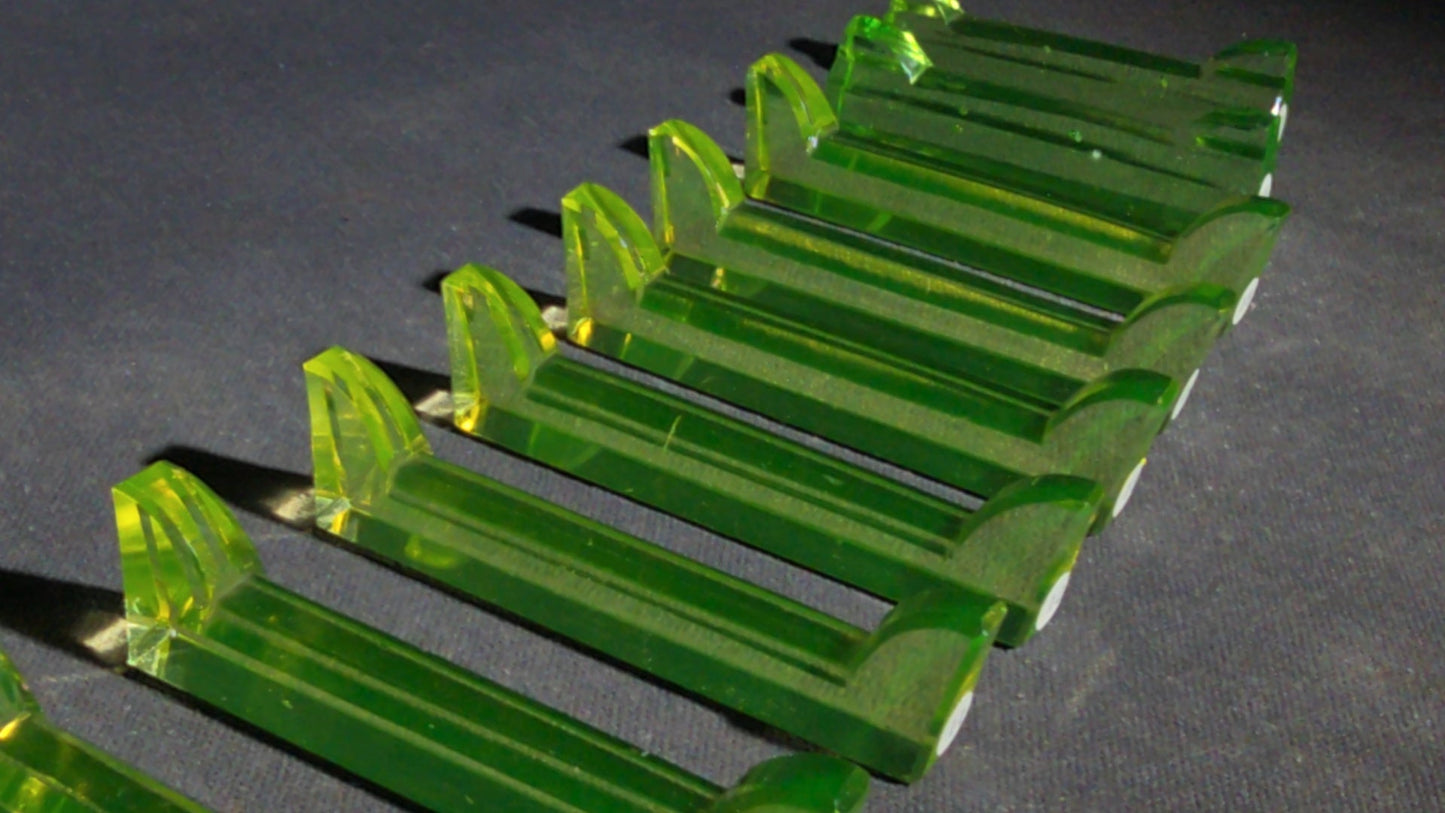 Grouping of 14 Antique Uranium Glass Knife Rests, UV Reactive, Numbered