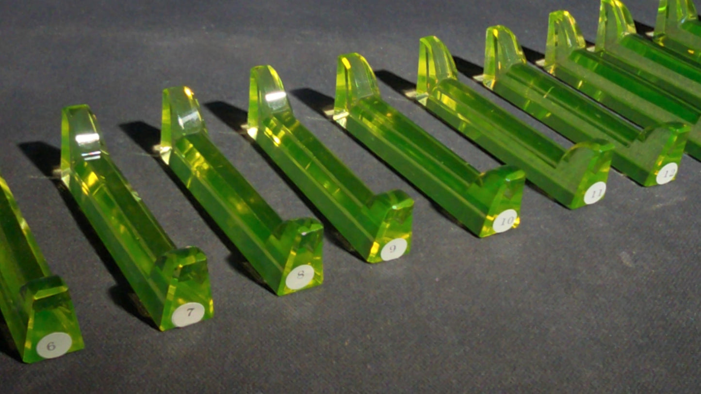 Grouping of 14 Antique Uranium Glass Knife Rests, UV Reactive, Numbered