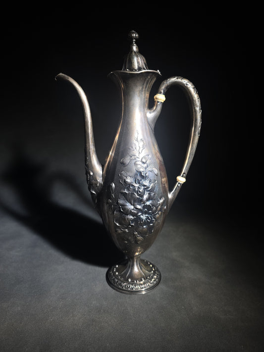 Antique Gorham Sterling Silver After-Dinner Coffee Pot with Repousse Floral Decoration, Engraved 1879 and 1904 Silver Anniversary Dates, Pattern 5665, 1-1/2 Pint