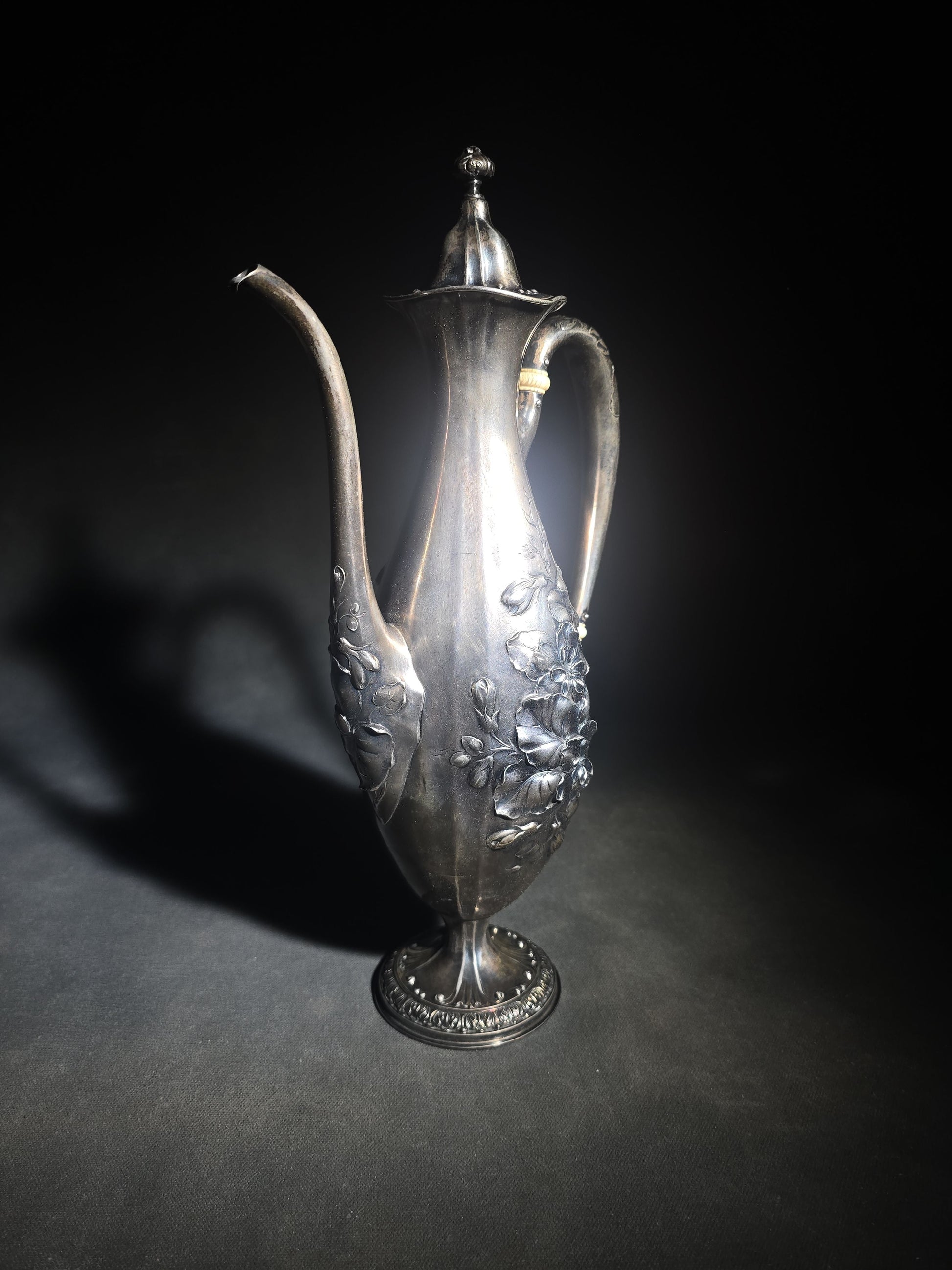 Antique Gorham Sterling Silver After-Dinner Coffee Pot with Repousse Floral Decoration, Engraved 1879 and 1904 Silver Anniversary Dates, Pattern 5665, 1-1/2 Pint