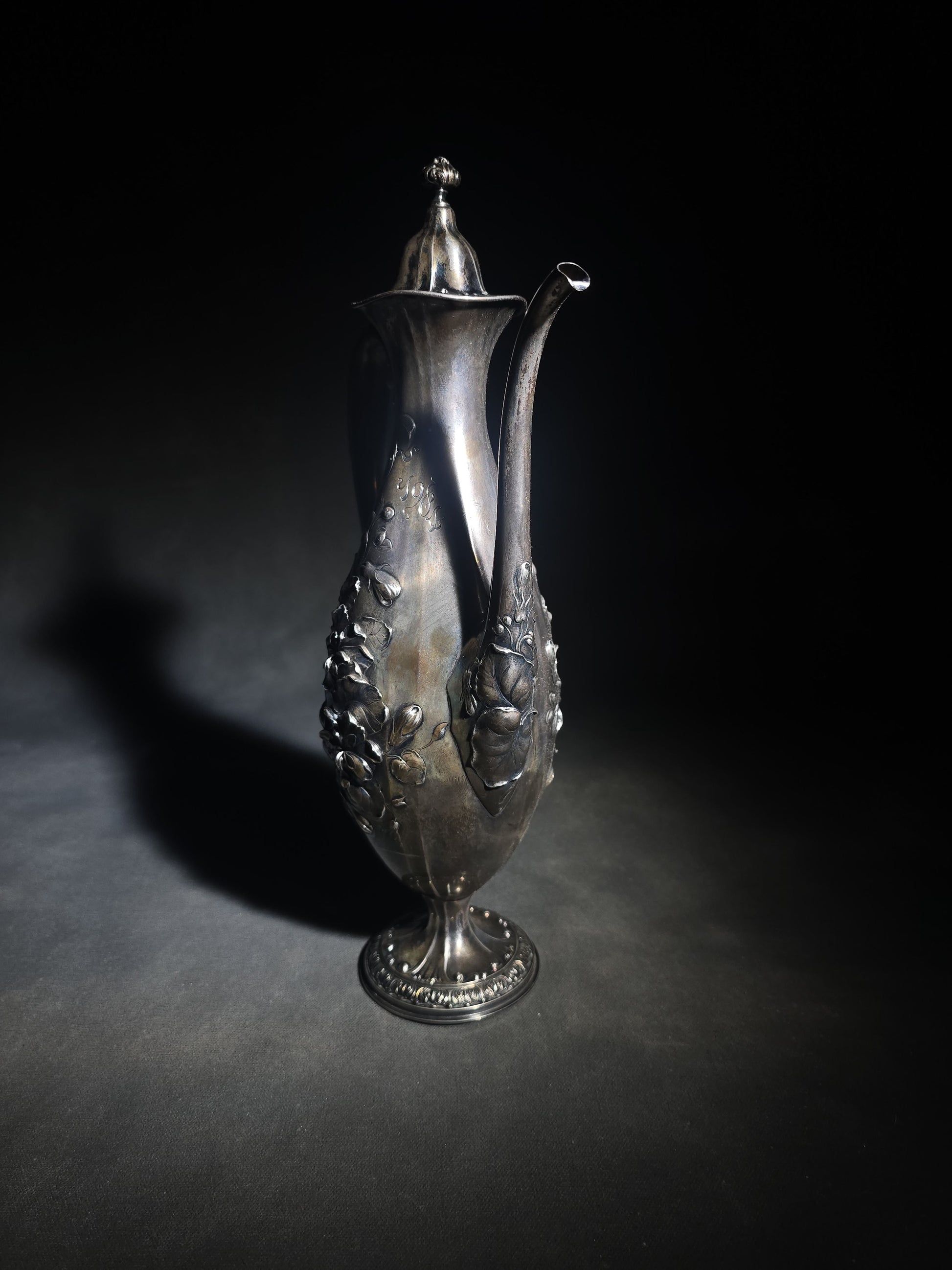 Antique Gorham Sterling Silver After-Dinner Coffee Pot with Repousse Floral Decoration, Engraved 1879 and 1904 Silver Anniversary Dates, Pattern 5665, 1-1/2 Pint
