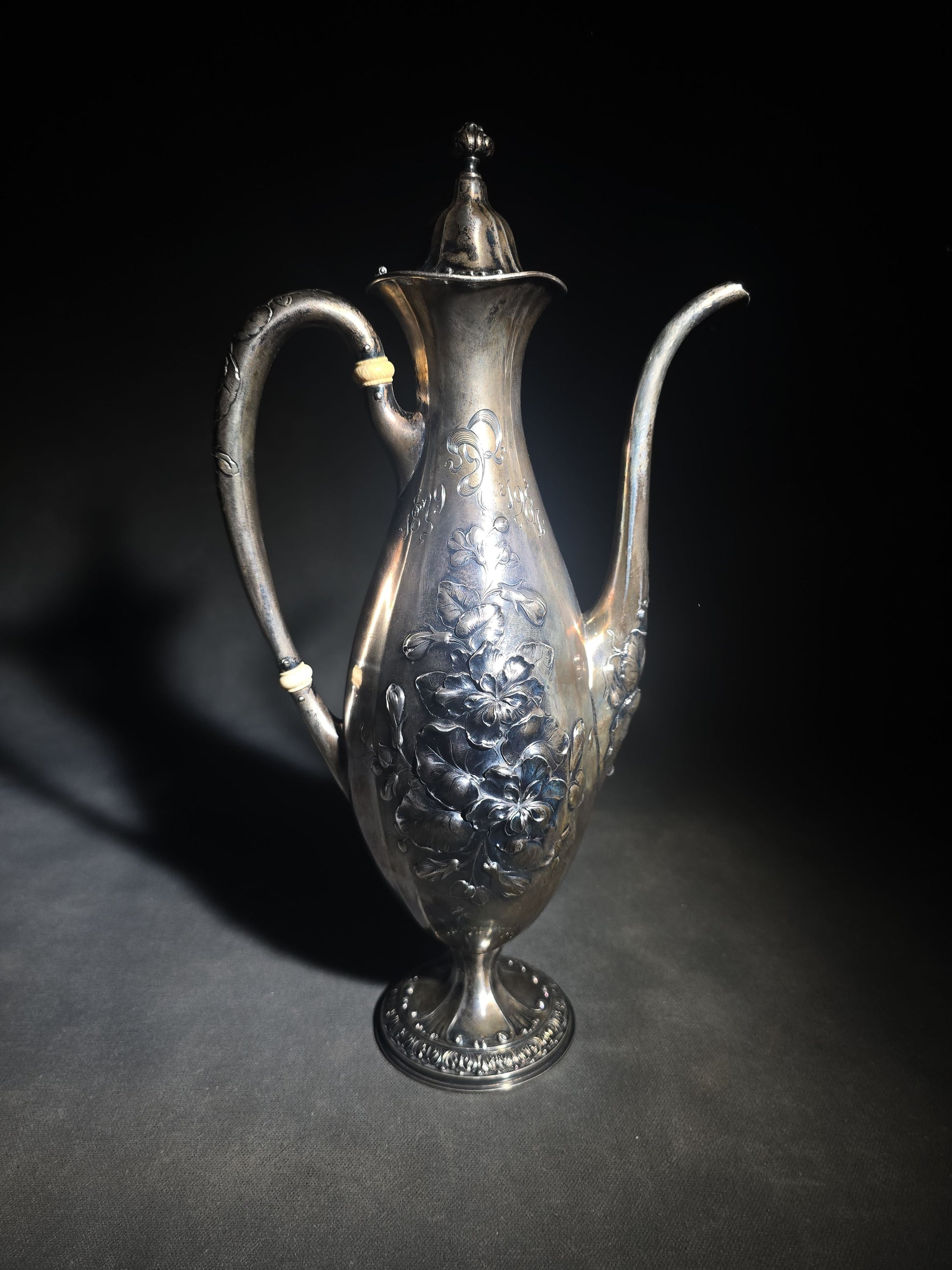 Antique Gorham Sterling Silver After-Dinner Coffee Pot with Repousse Floral Decoration, Engraved 1879 and 1904 Silver Anniversary Dates, Pattern 5665, 1-1/2 Pint