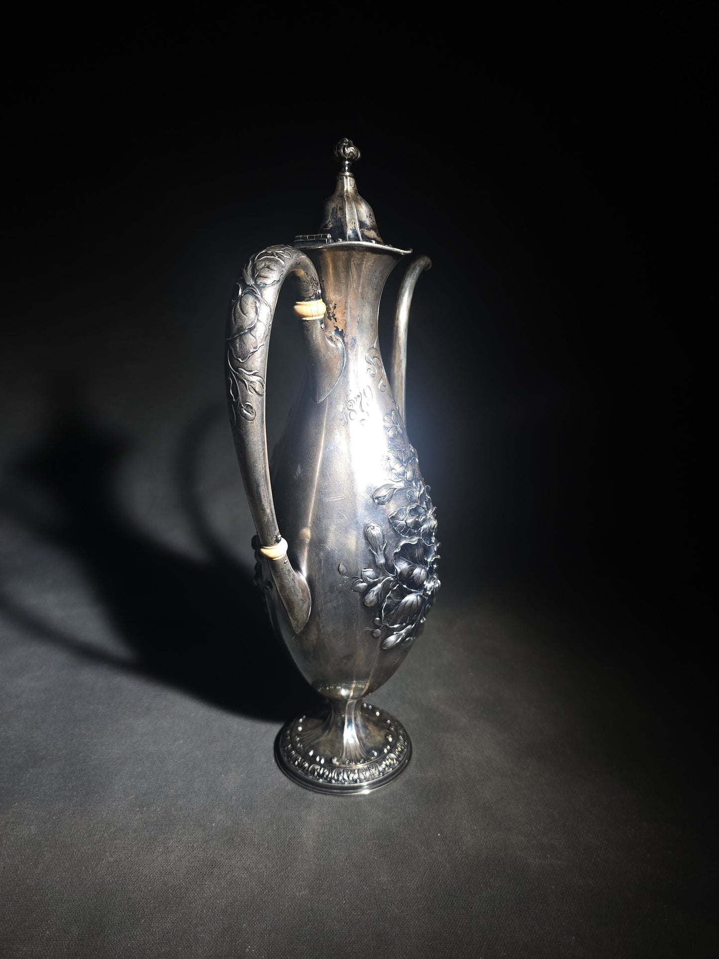 Antique Gorham Sterling Silver After-Dinner Coffee Pot with Repousse Floral Decoration, Engraved 1879 and 1904 Silver Anniversary Dates, Pattern 5665, 1-1/2 Pint