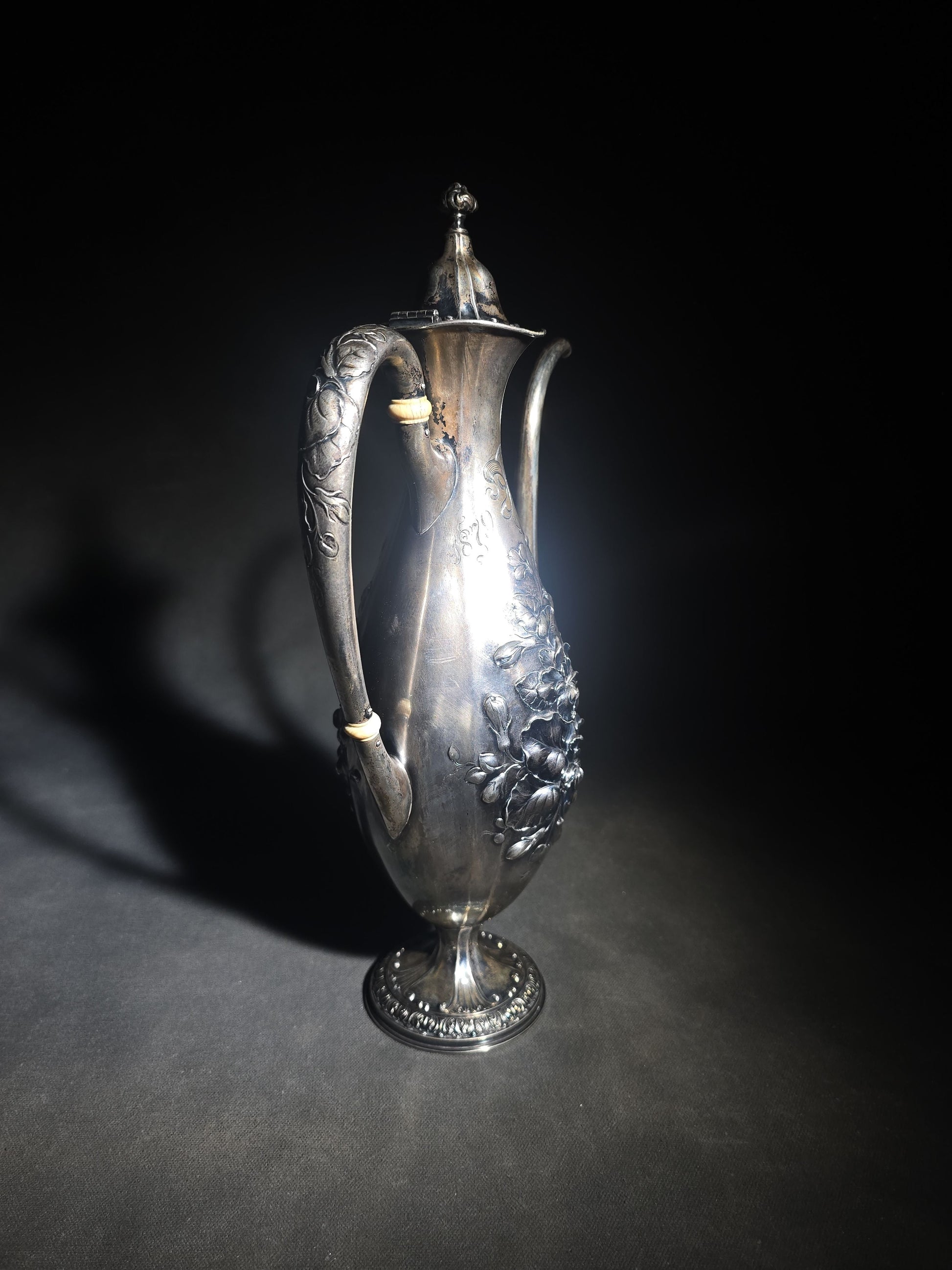 Antique Gorham Sterling Silver After-Dinner Coffee Pot with Repousse Floral Decoration, Engraved 1879 and 1904 Silver Anniversary Dates, Pattern 5665, 1-1/2 Pint