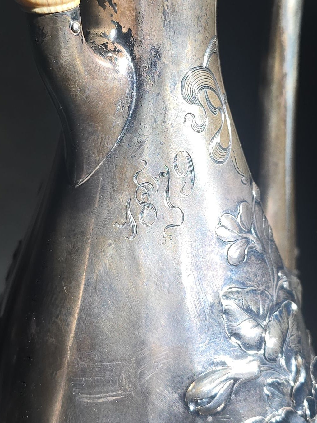 Antique Gorham Sterling Silver After-Dinner Coffee Pot with Repousse Floral Decoration, Engraved 1879 and 1904 Silver Anniversary Dates, Pattern 5665, 1-1/2 Pint