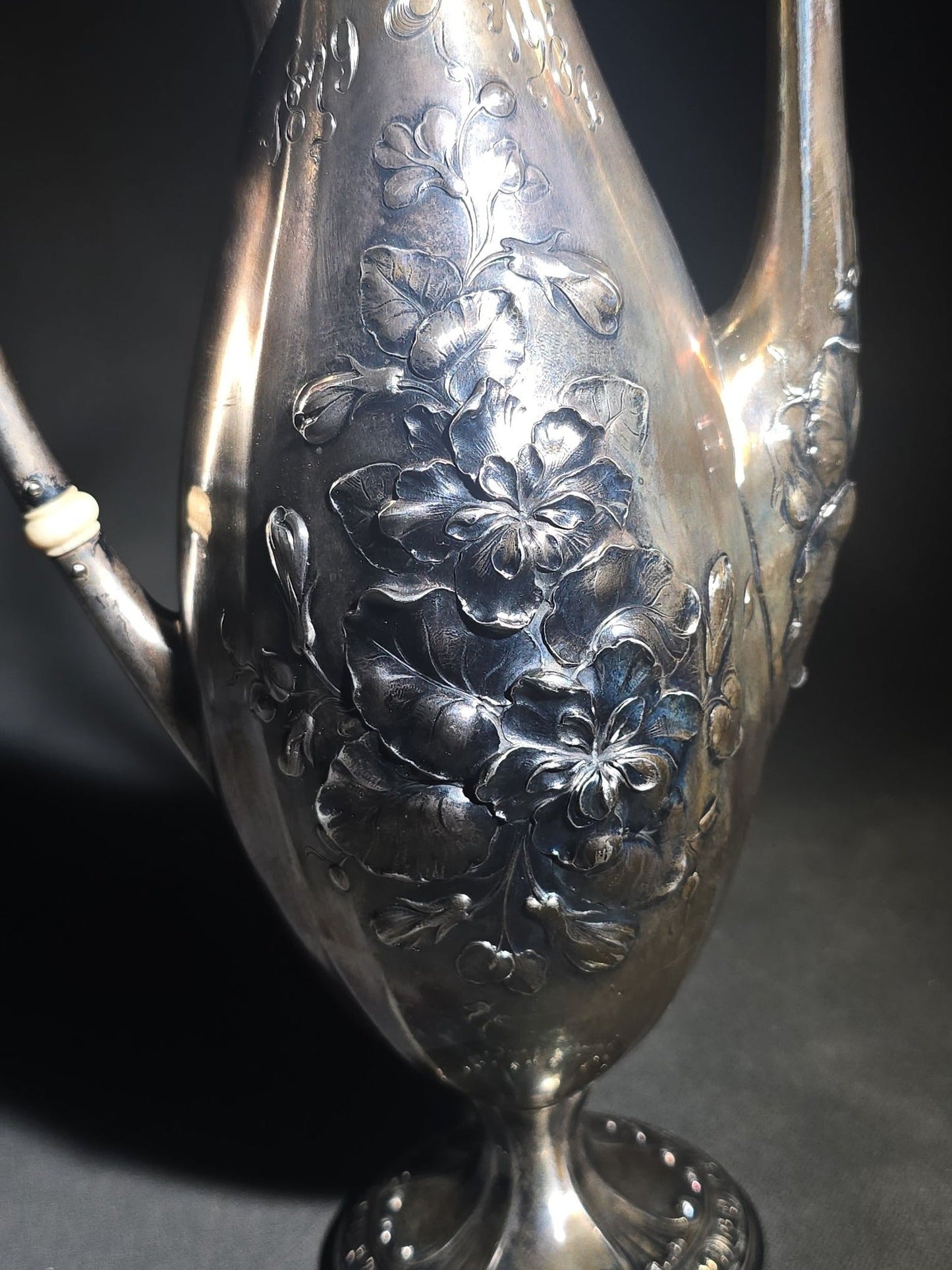 Antique Gorham Sterling Silver After-Dinner Coffee Pot with Repousse Floral Decoration, Engraved 1879 and 1904 Silver Anniversary Dates, Pattern 5665, 1-1/2 Pint
