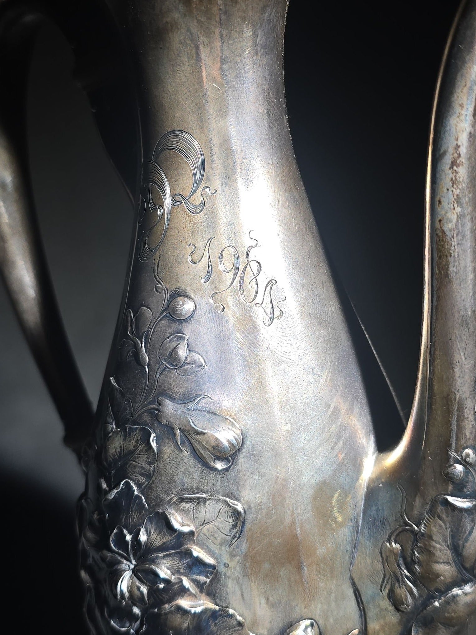 Antique Gorham Sterling Silver After-Dinner Coffee Pot with Repousse Floral Decoration, Engraved 1879 and 1904 Silver Anniversary Dates, Pattern 5665, 1-1/2 Pint