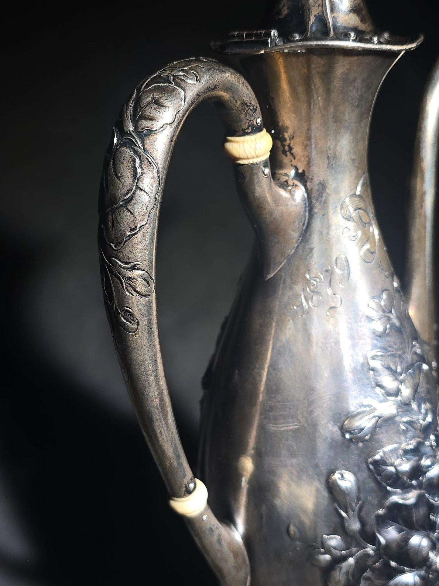 Antique Gorham Sterling Silver After-Dinner Coffee Pot with Repousse Floral Decoration, Engraved 1879 and 1904 Silver Anniversary Dates, Pattern 5665, 1-1/2 Pint