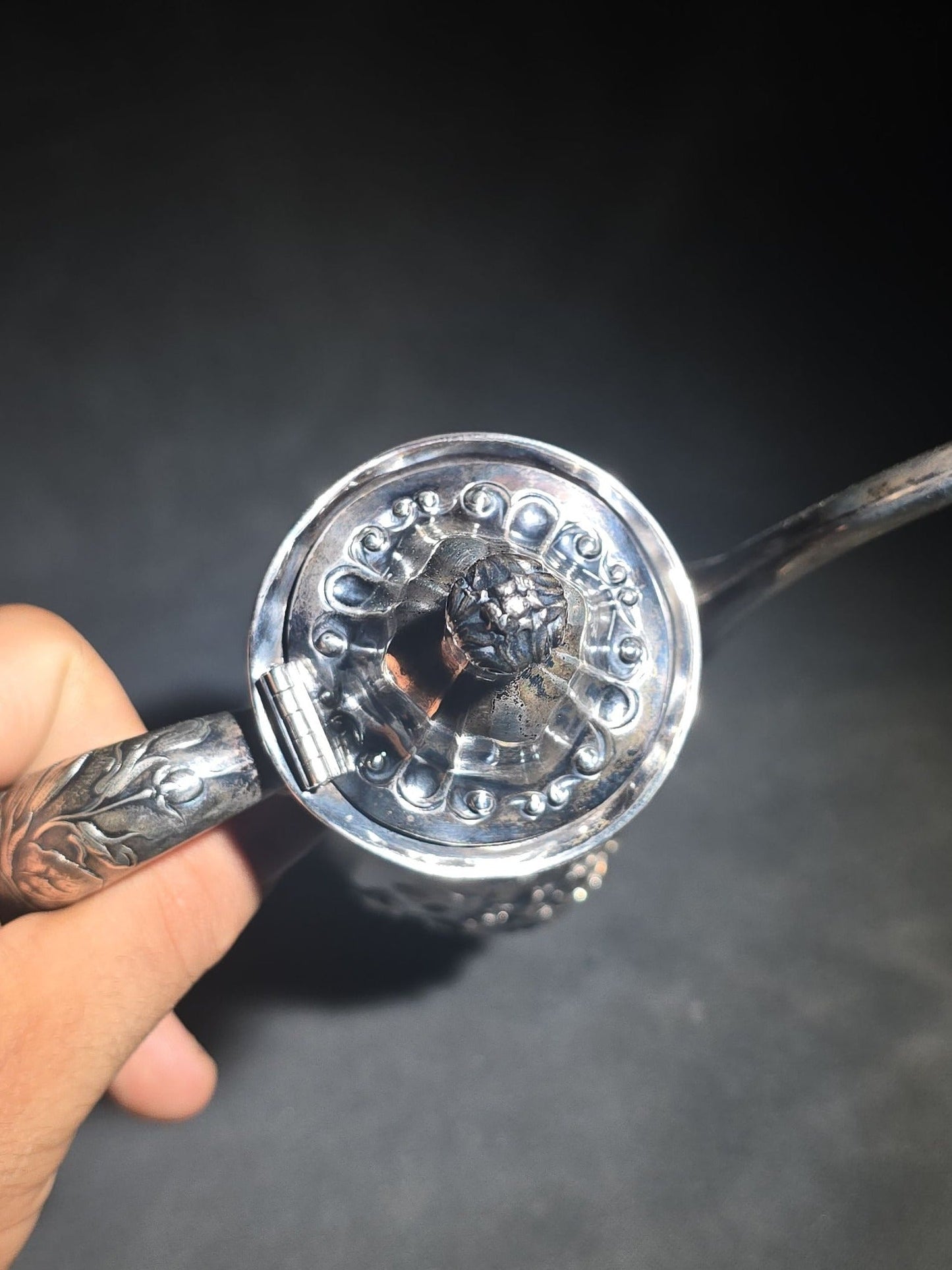 Antique Gorham Sterling Silver After-Dinner Coffee Pot with Repousse Floral Decoration, Engraved 1879 and 1904 Silver Anniversary Dates, Pattern 5665, 1-1/2 Pint