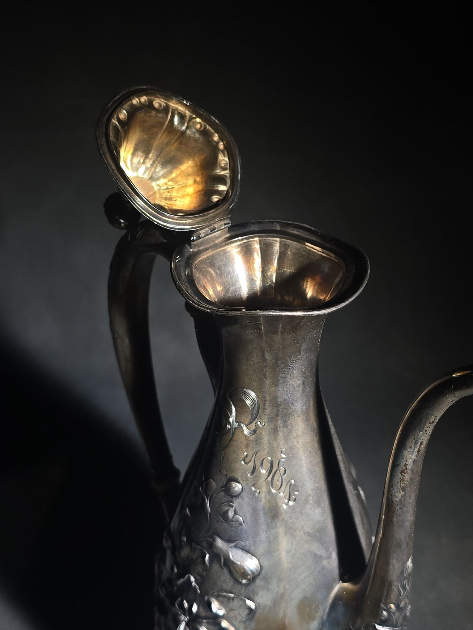 Antique Gorham Sterling Silver After-Dinner Coffee Pot with Repousse Floral Decoration, Engraved 1879 and 1904 Silver Anniversary Dates, Pattern 5665, 1-1/2 Pint