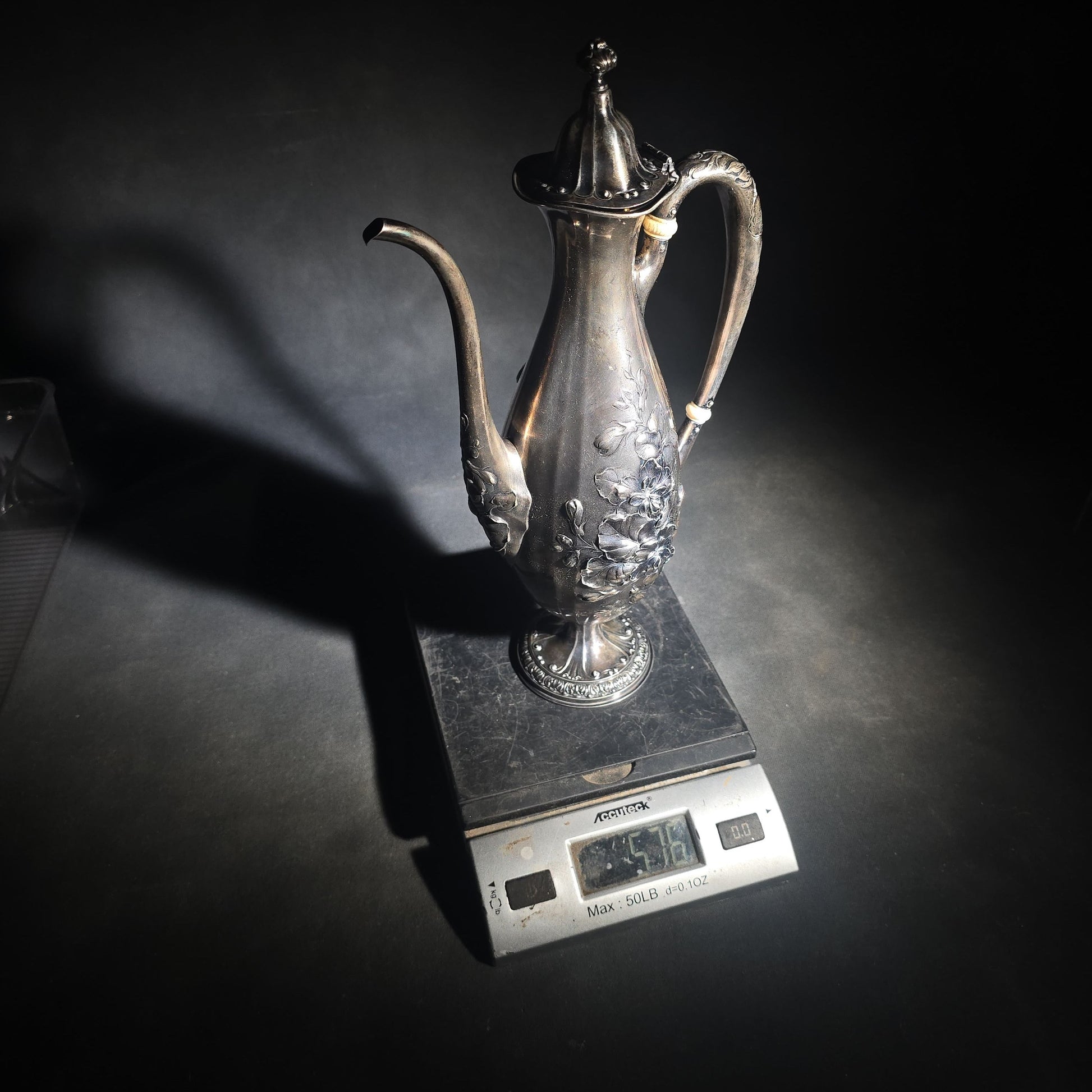 Antique Gorham Sterling Silver After-Dinner Coffee Pot with Repousse Floral Decoration, Engraved 1879 and 1904 Silver Anniversary Dates, Pattern 5665, 1-1/2 Pint