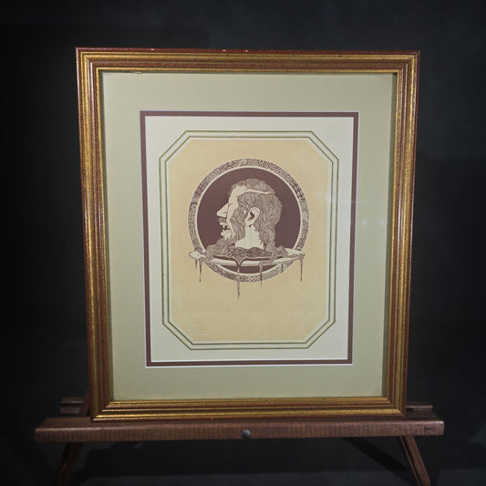Vintage Framed Metamorphic Print by M.M. Leaf, Grotesque Profile Bust Composed of a Nude Figure on Platter with Ornate Medallion Border, Red Dancer Silhouette on Verso