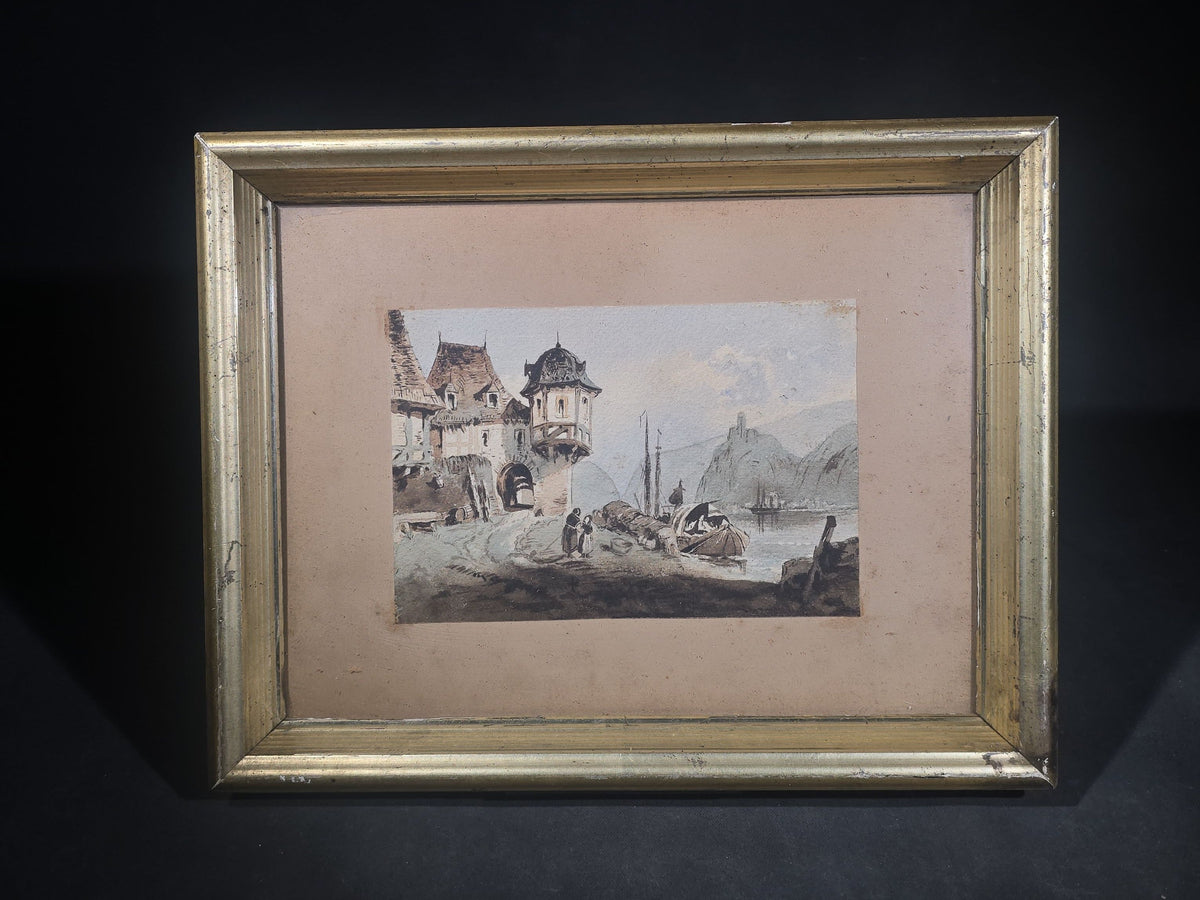Antique Watercolor Painting on Paper, Rhine River Village with Round Tower, Figures, and Moored Boats, Castle Ruin on Distant Hilltop, in Gilt Wood Frame