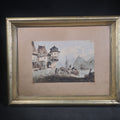 Lot 024 - Antique Watercolor Painting on Paper, Rhine River Village with Round Tower, Figures, and Moored Boats, Castle Ruin on Distant Hilltop, in Gilt Wood Frame, 14" W x 11" H