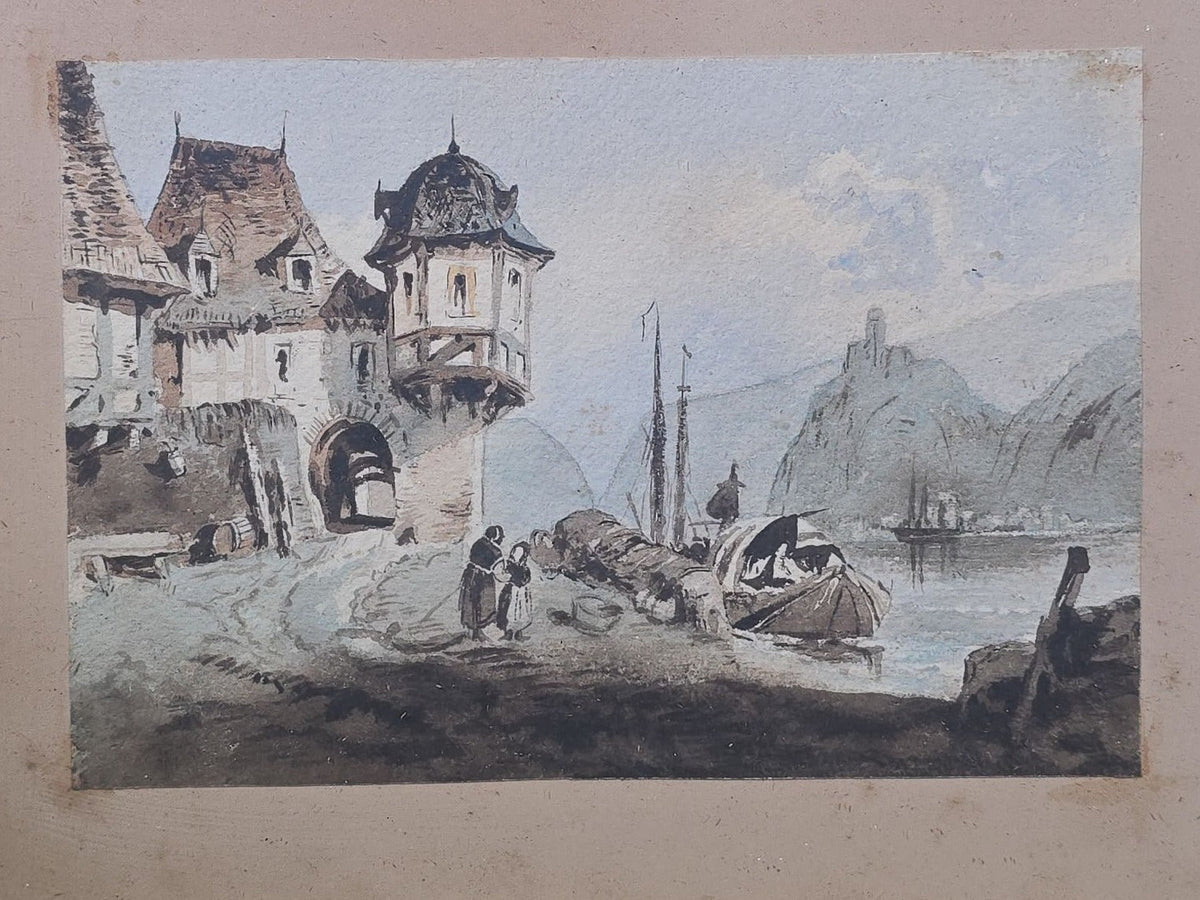Antique Watercolor Painting on Paper, Rhine River Village with Round Tower, Figures, and Moored Boats, Castle Ruin on Distant Hilltop, in Gilt Wood Frame