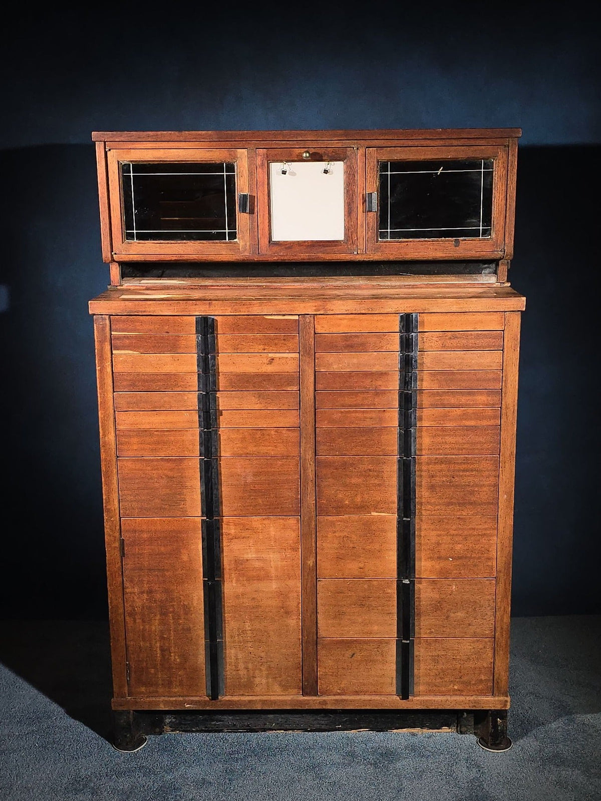 Antique Dental Cabinet with Multi-Drawer Base and Glass-Front Upper Cabinets, Manufactured by Weber