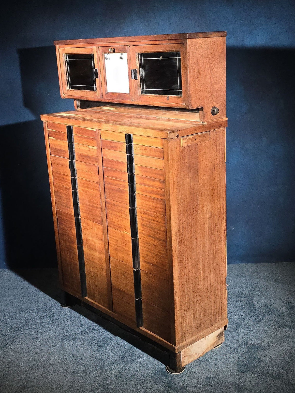 Antique Dental Cabinet with Multi-Drawer Base and Glass-Front Upper Cabinets, Manufactured by Weber