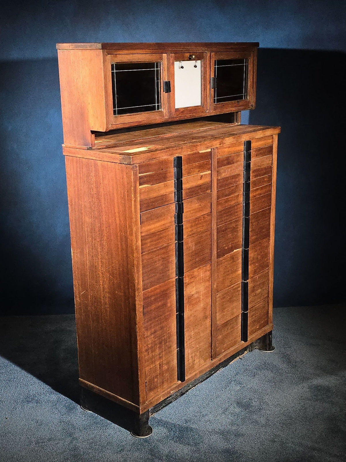 Antique Dental Cabinet with Multi-Drawer Base and Glass-Front Upper Cabinets, Manufactured by Weber