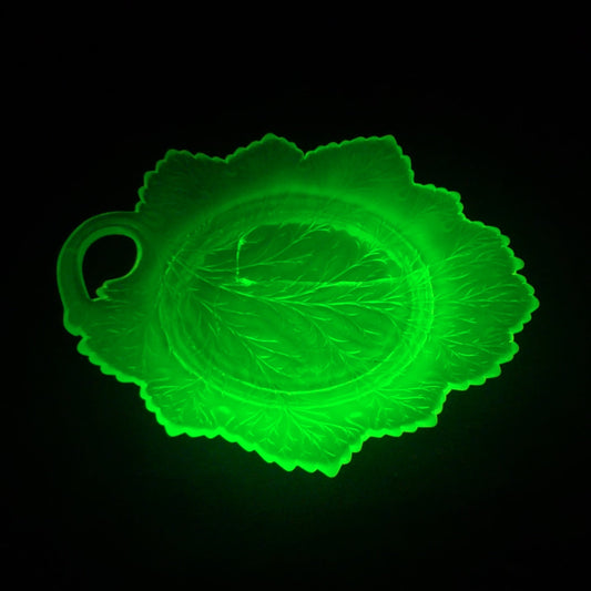Antique Pressed Uranium Glass Leaf-Form Handled Dish, UV-Reactive, Note Severely Cracked, Poor Condition