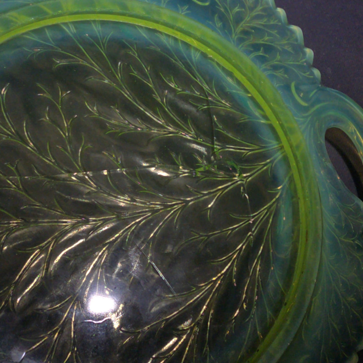 Antique Pressed Uranium Glass Leaf-Form Handled Dish, UV-Reactive, Note Severely Cracked, Poor Condition