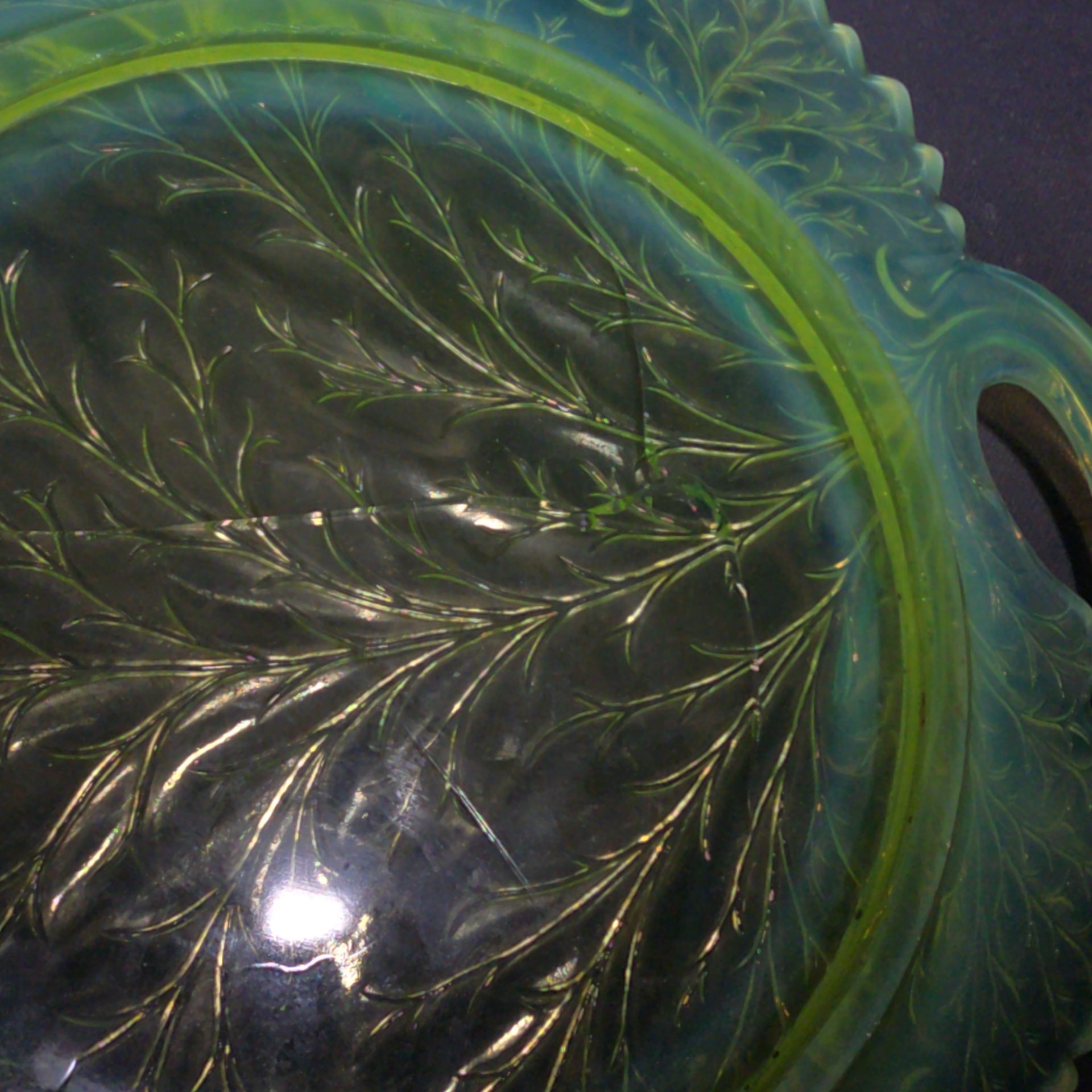 Antique Pressed Uranium Glass Leaf-Form Handled Dish, UV-Reactive, Note Severely Cracked, Poor Condition