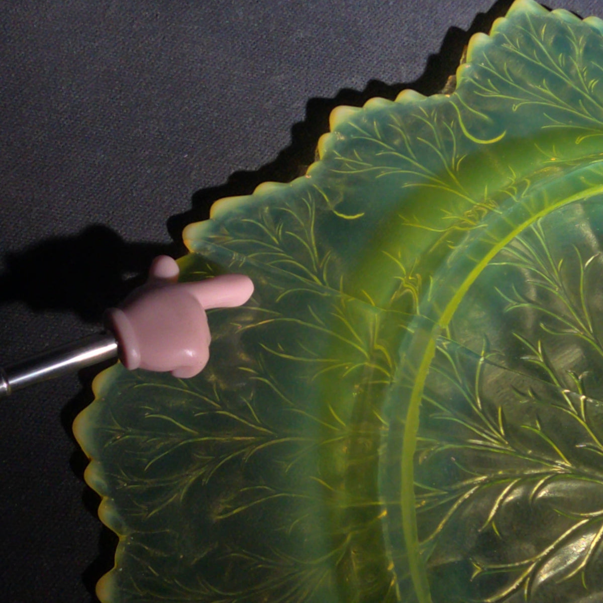 Antique Pressed Uranium Glass Leaf-Form Handled Dish, UV-Reactive, Note Severely Cracked, Poor Condition