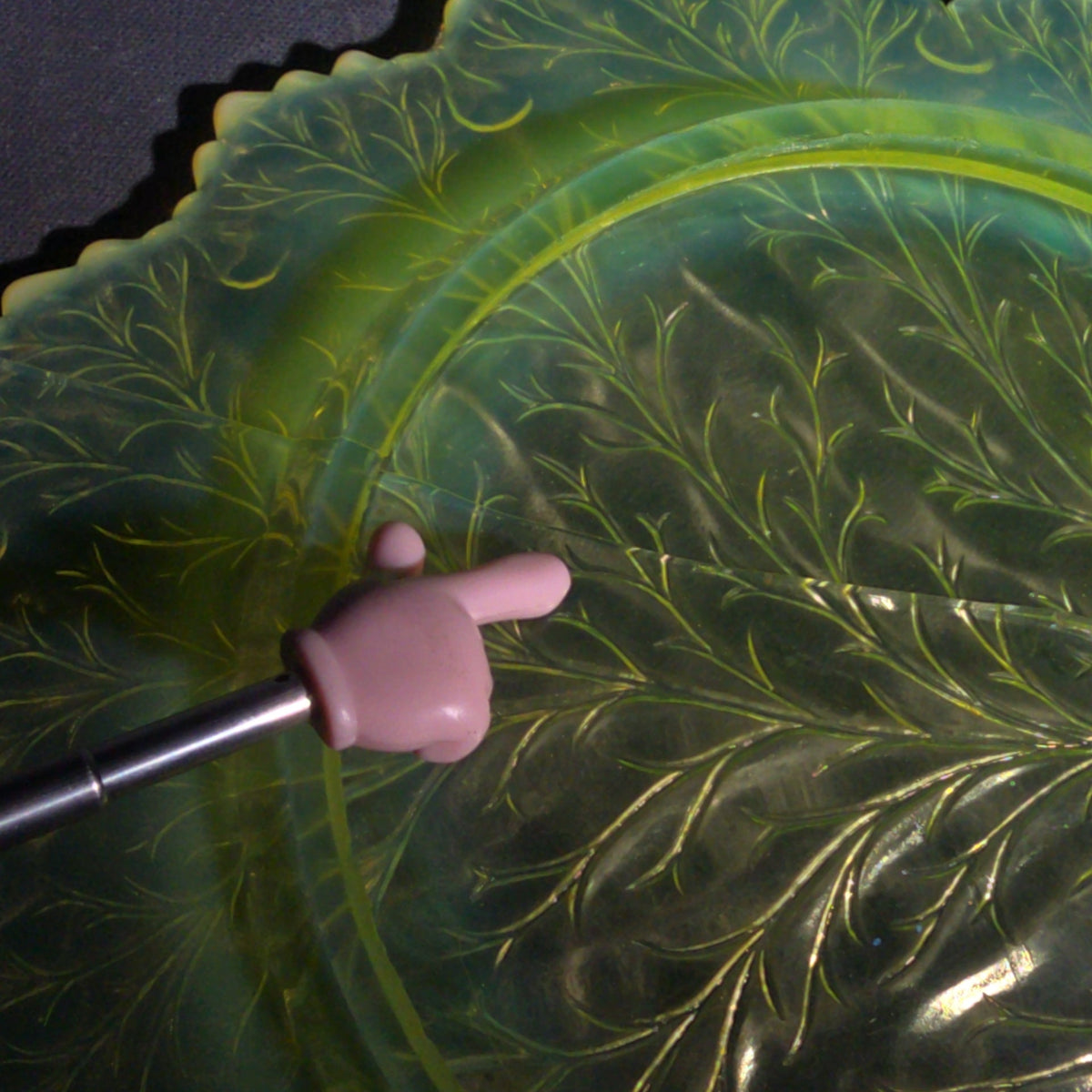 Antique Pressed Uranium Glass Leaf-Form Handled Dish, UV-Reactive, Note Severely Cracked, Poor Condition