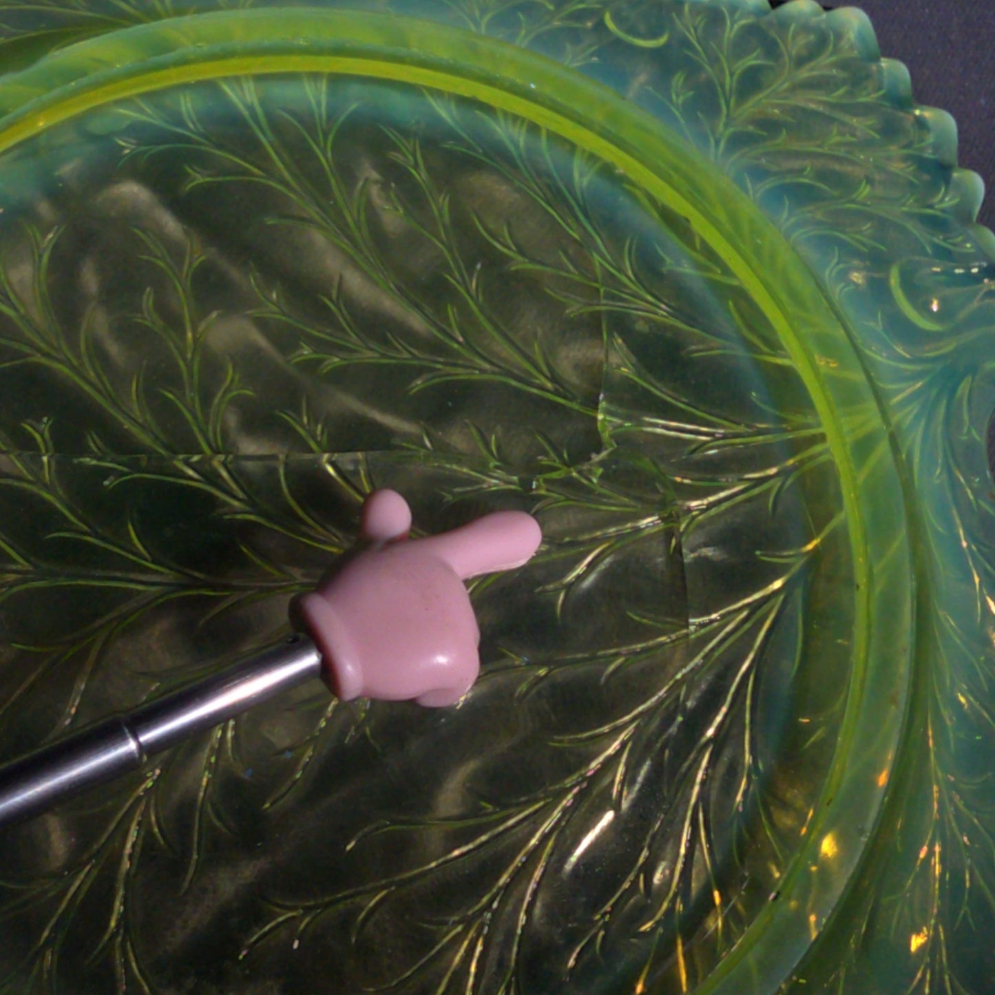 Antique Pressed Uranium Glass Leaf-Form Handled Dish, UV-Reactive, Note Severely Cracked, Poor Condition