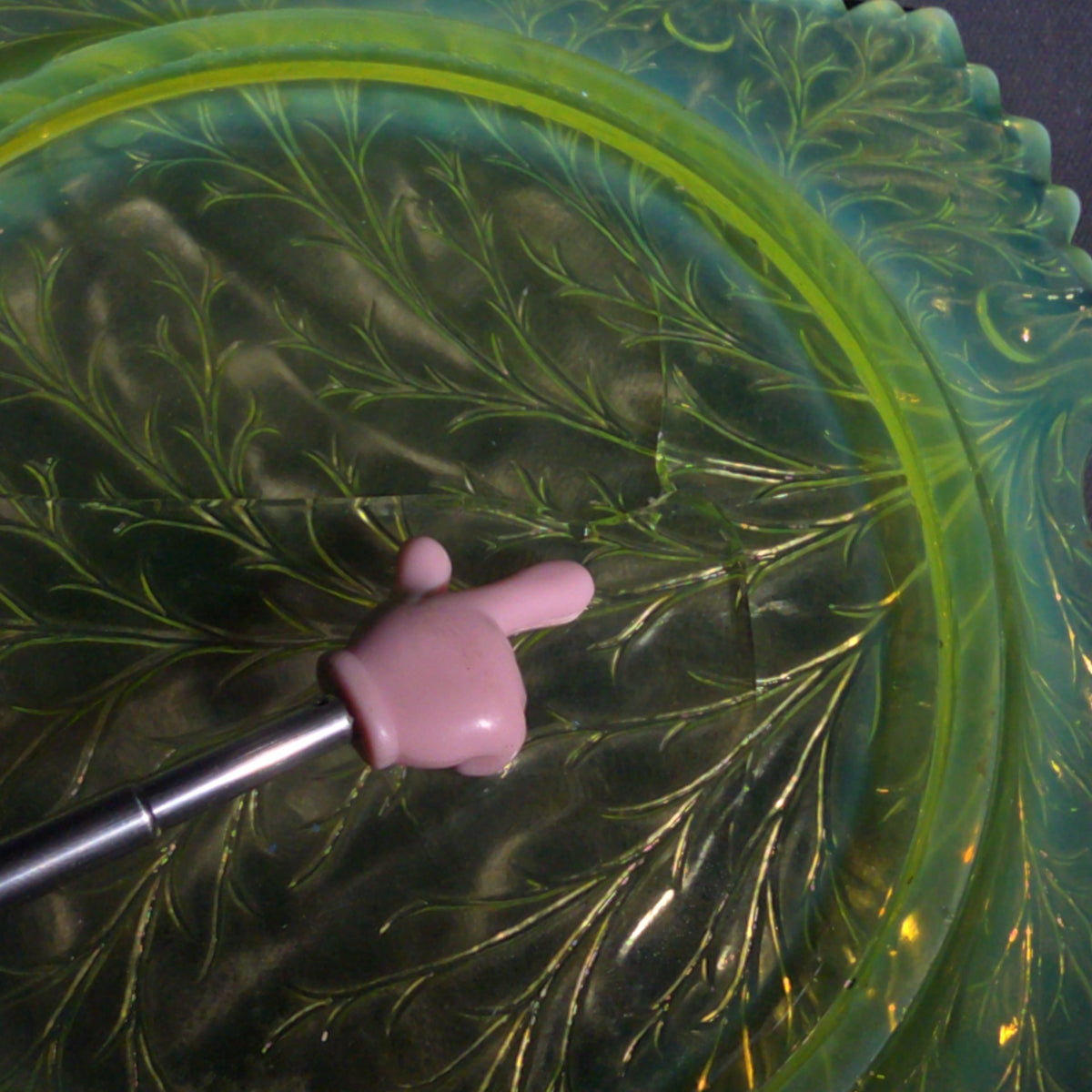 Antique Pressed Uranium Glass Leaf-Form Handled Dish, UV-Reactive, Note Severely Cracked, Poor Condition