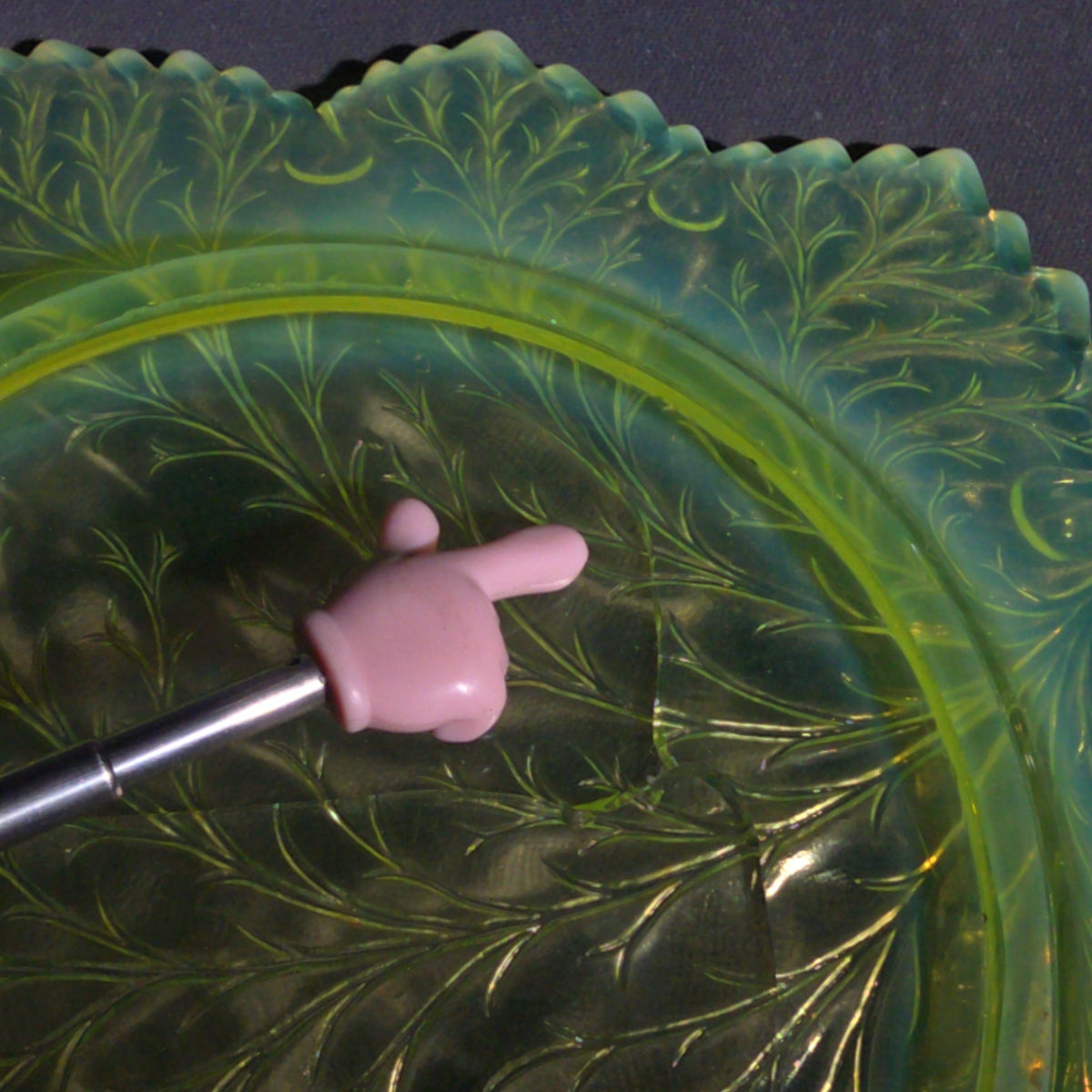 Antique Pressed Uranium Glass Leaf-Form Handled Dish, UV-Reactive, Note Severely Cracked, Poor Condition