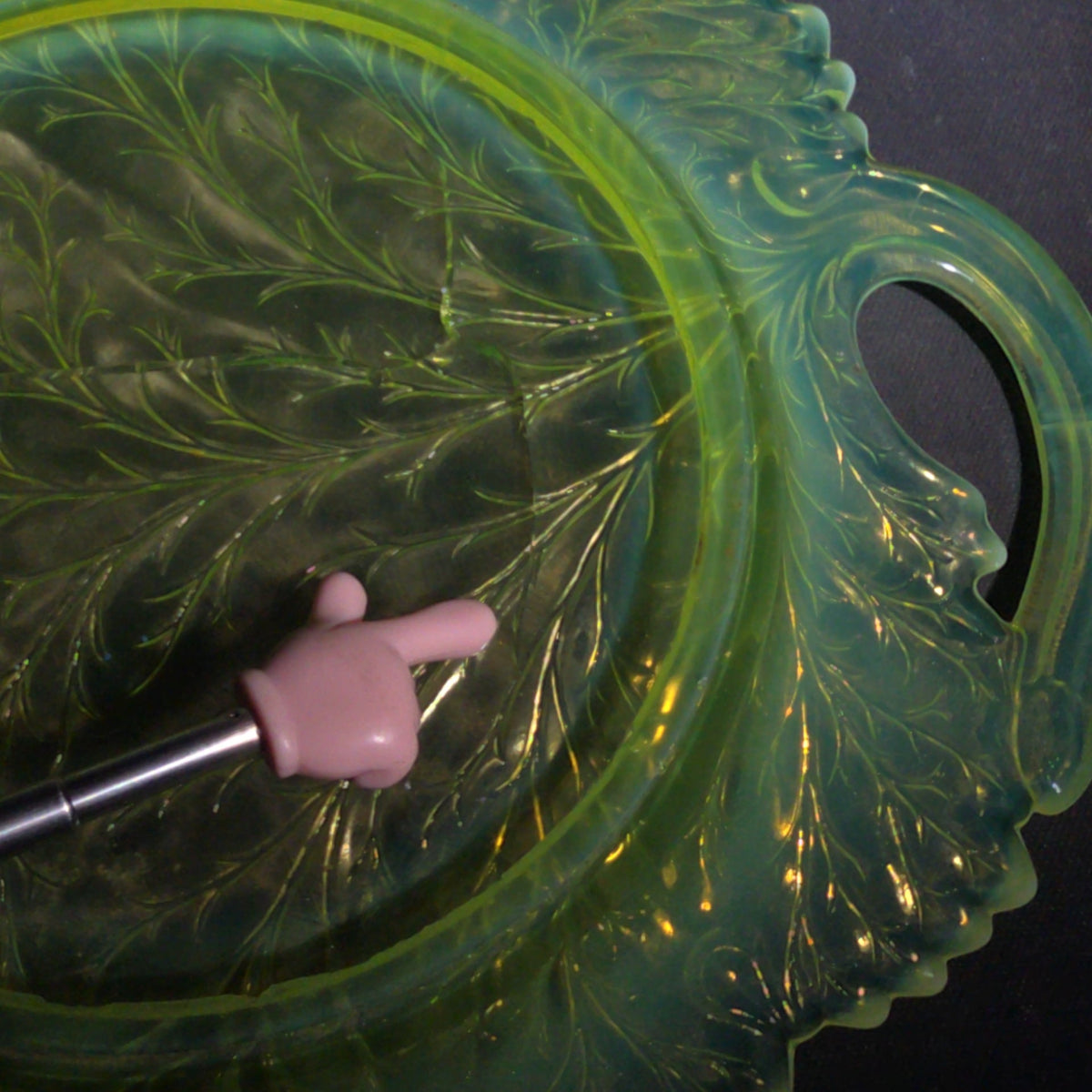 Antique Pressed Uranium Glass Leaf-Form Handled Dish, UV-Reactive, Note Severely Cracked, Poor Condition