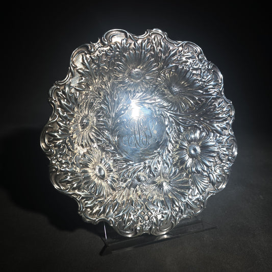 Antique Sterling Silver Repousse Chrysanthemum Bowl with Monogram, Pattern 5919