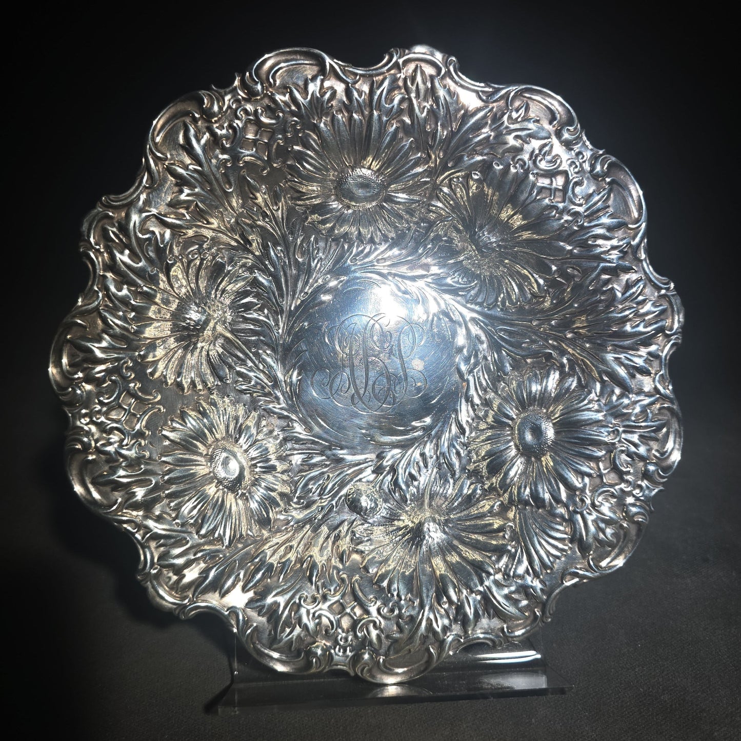 Antique Sterling Silver Repousse Chrysanthemum Bowl with Monogram, Pattern 5919