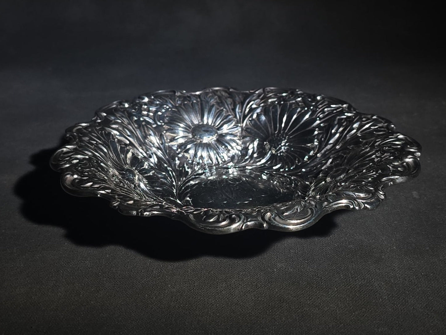 Antique Sterling Silver Repousse Chrysanthemum Bowl with Monogram, Pattern 5919