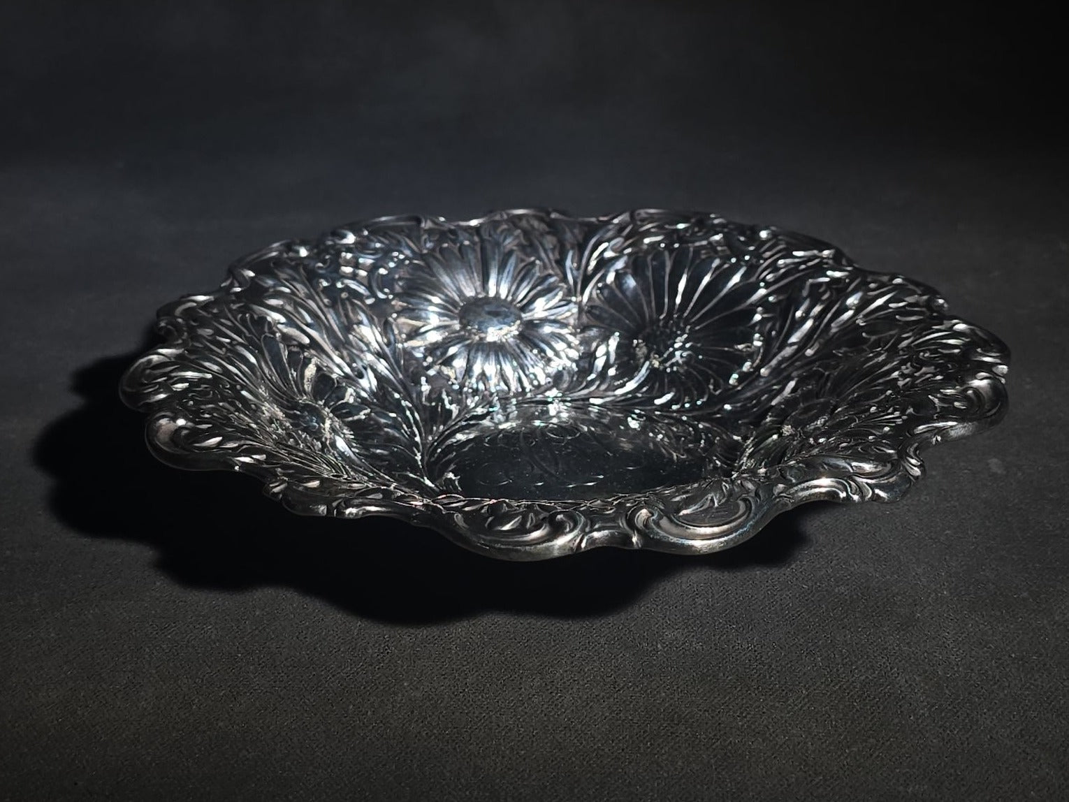 Antique Sterling Silver Repousse Chrysanthemum Bowl with Monogram, Pattern 5919