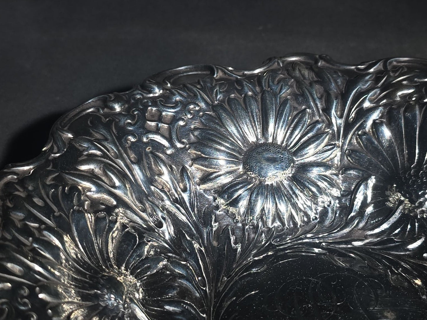 Antique Sterling Silver Repousse Chrysanthemum Bowl with Monogram, Pattern 5919