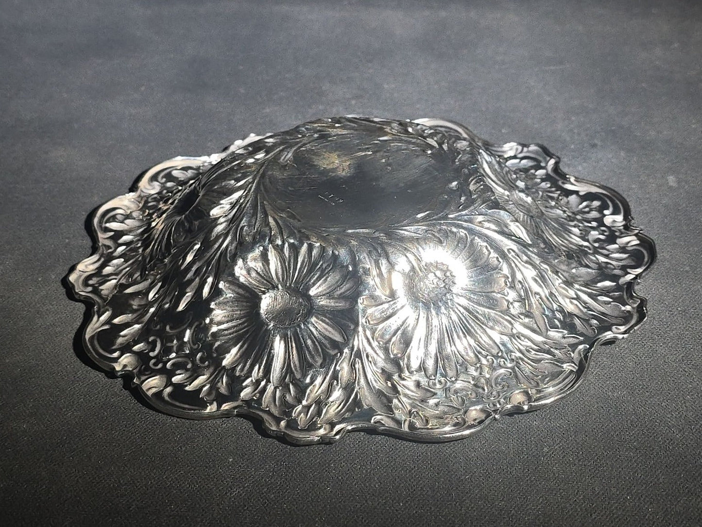 Antique Sterling Silver Repousse Chrysanthemum Bowl with Monogram, Pattern 5919