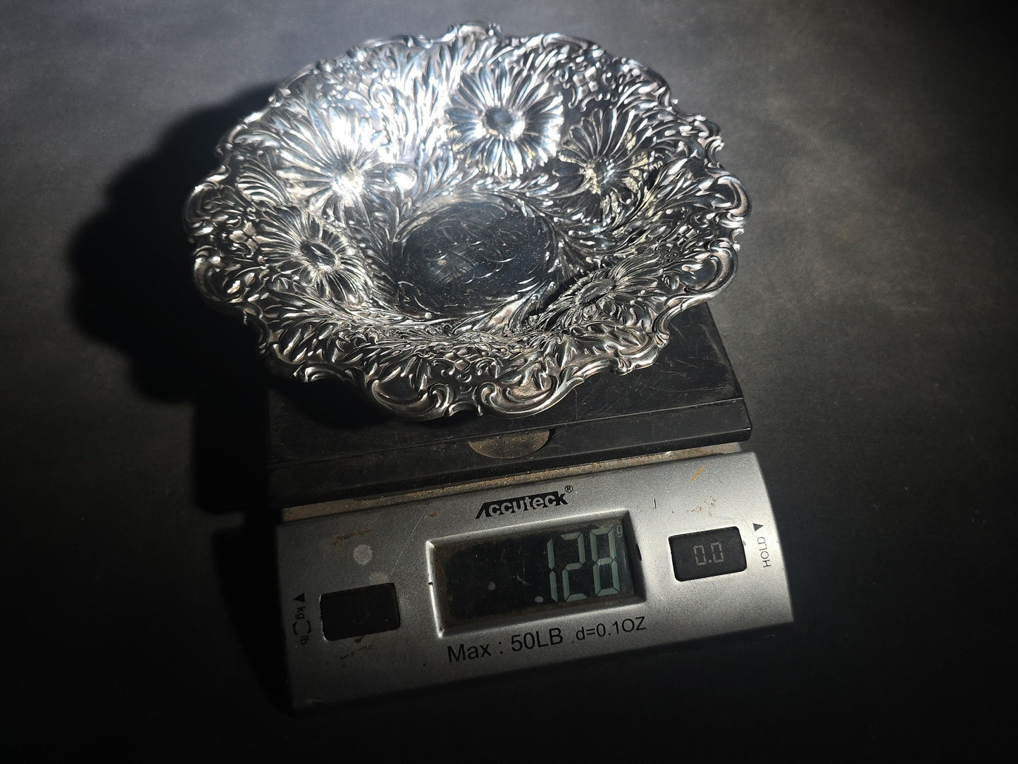 Antique Sterling Silver Repousse Chrysanthemum Bowl with Monogram, Pattern 5919