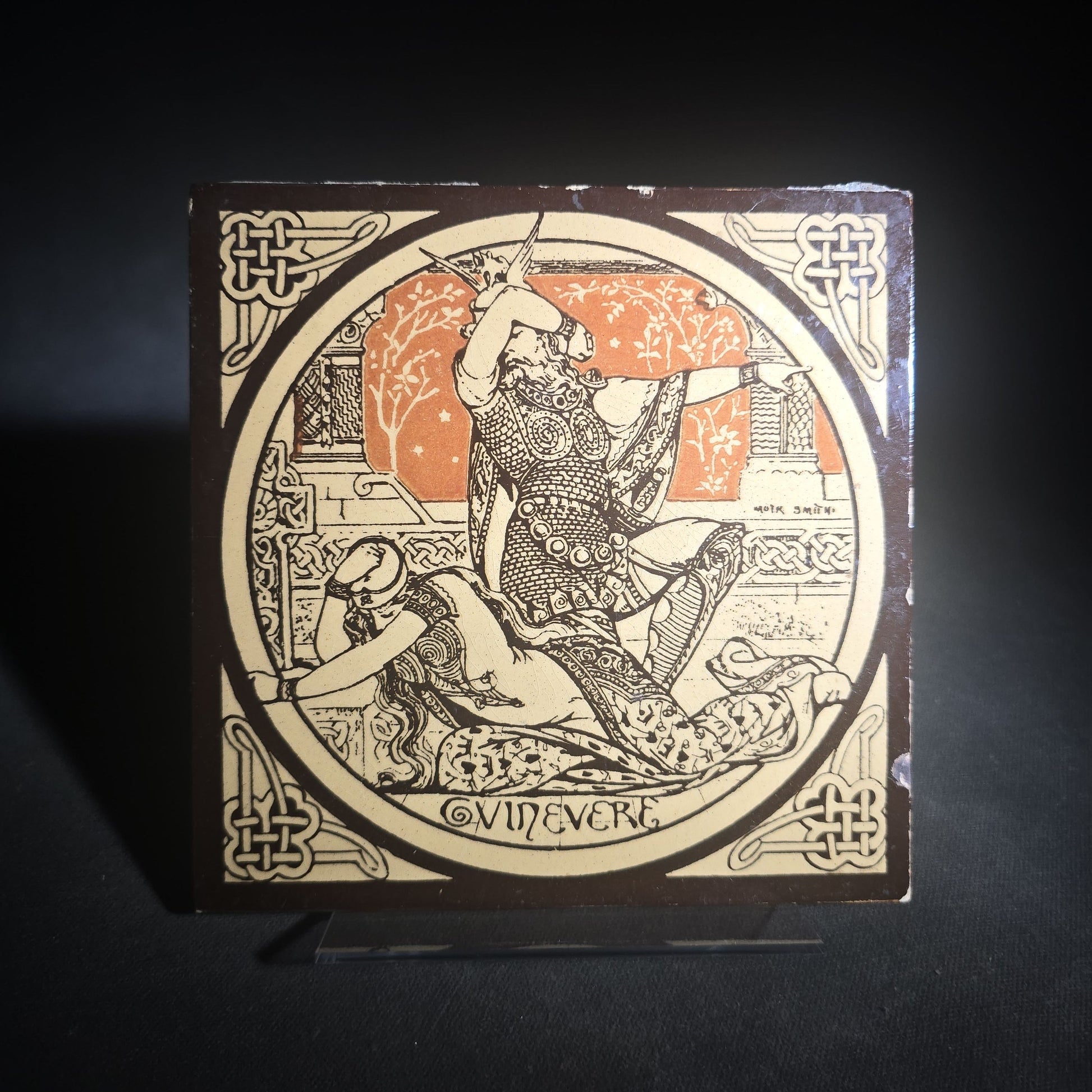 Antique John Moyr Smith "Guinevere" Ceramic Tile from the "Idylls of the King" Tennyson Series with Celtic Knotwork Border, Manufactured by Minton