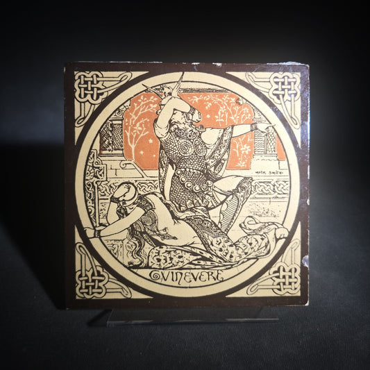 Antique John Moyr Smith "Guinevere" Ceramic Tile from the "Idylls of the King" Tennyson Series with Celtic Knotwork Border, Manufactured by Minton