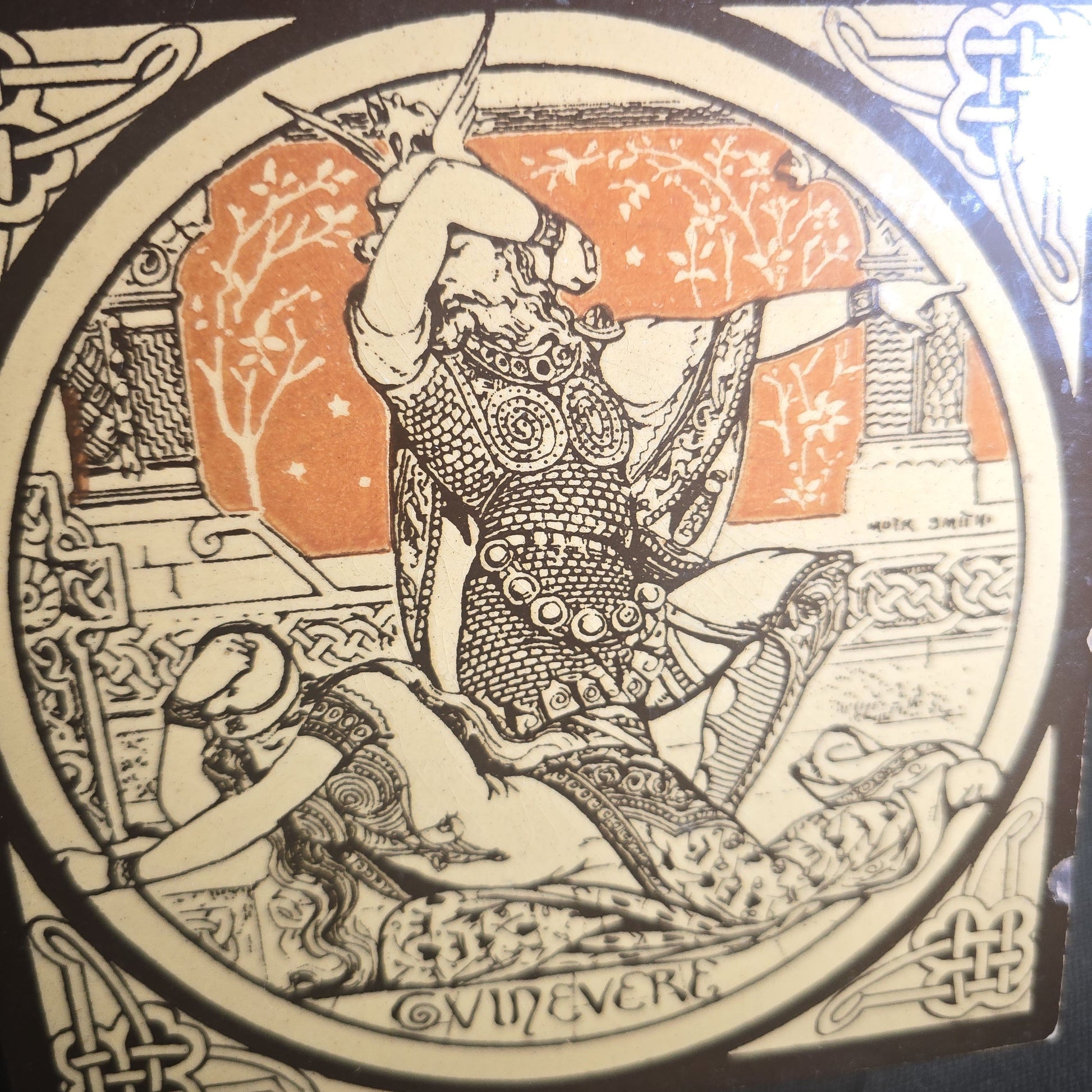 Antique John Moyr Smith "Guinevere" Ceramic Tile from the "Idylls of the King" Tennyson Series with Celtic Knotwork Border, Manufactured by Minton