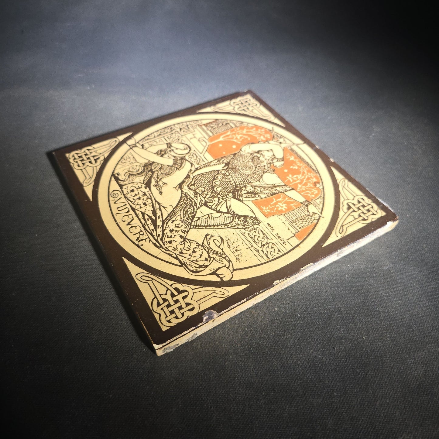 Antique John Moyr Smith "Guinevere" Ceramic Tile from the "Idylls of the King" Tennyson Series with Celtic Knotwork Border, Manufactured by Minton