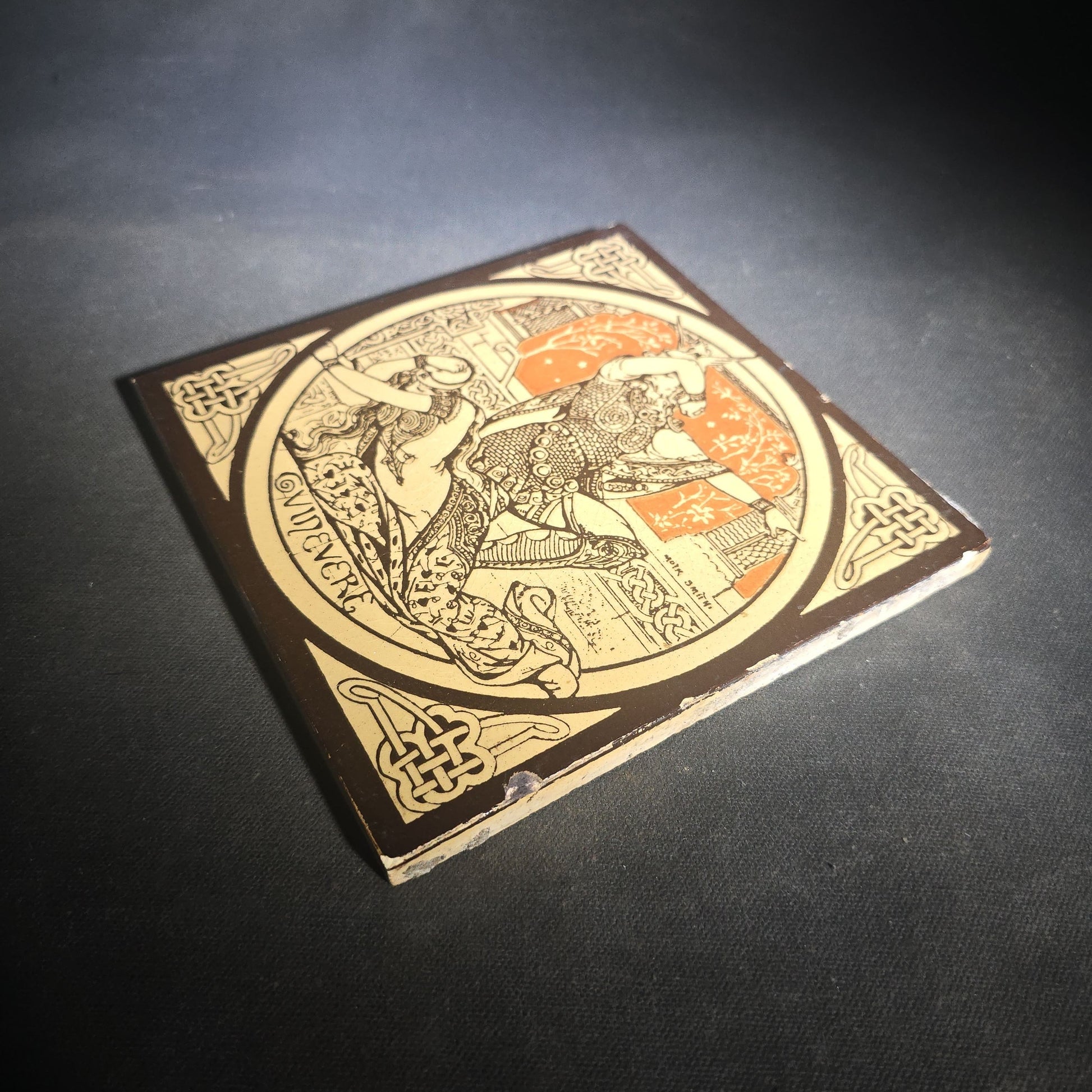 Antique John Moyr Smith "Guinevere" Ceramic Tile from the "Idylls of the King" Tennyson Series with Celtic Knotwork Border, Manufactured by Minton