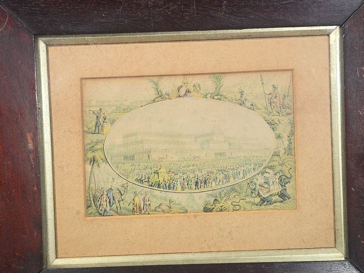 Antique Framed Engraving Print of the Crystal Palace, Great Exhibition of 1851, London, with Allegorical Border of International Figures and Exotic Animals