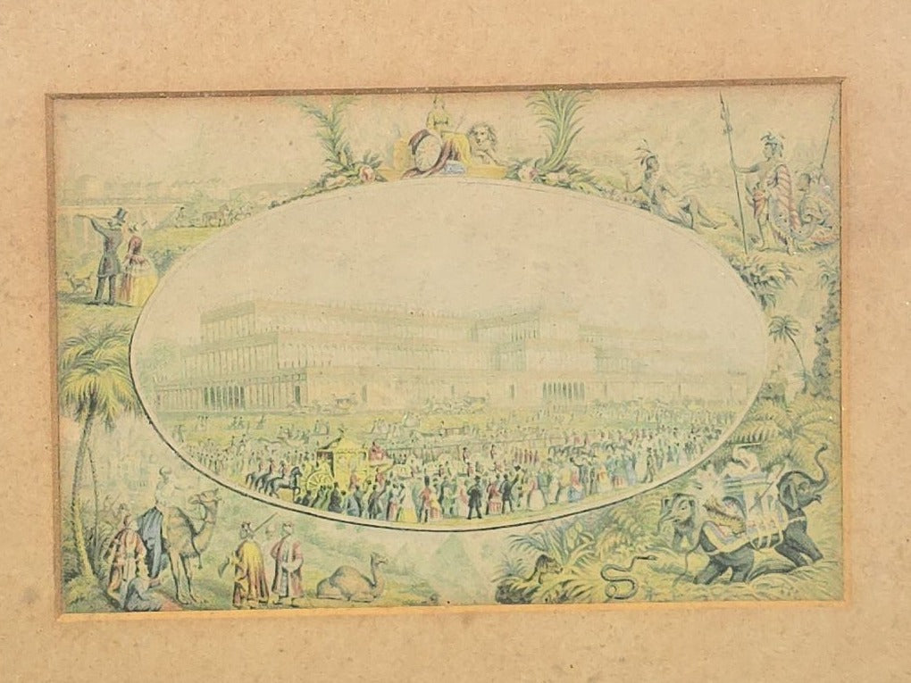 Antique Framed Engraving Print of the Crystal Palace, Great Exhibition of 1851, London, with Allegorical Border of International Figures and Exotic Animals